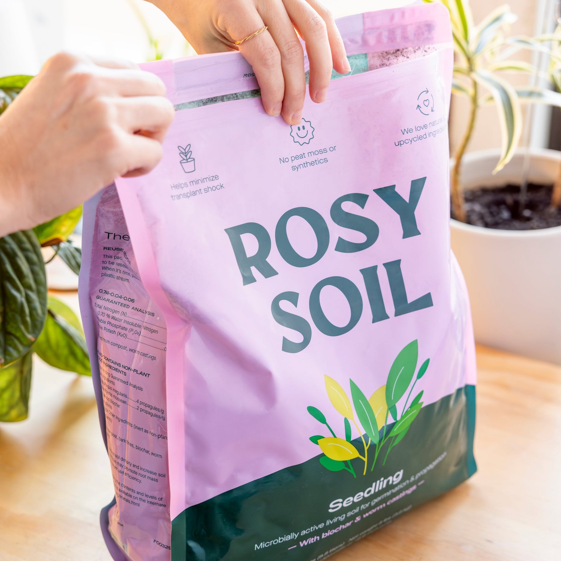 A person opening a bag of Rosy Seedling Soil, featuring vibrant packaging with green plant graphics and informative text.