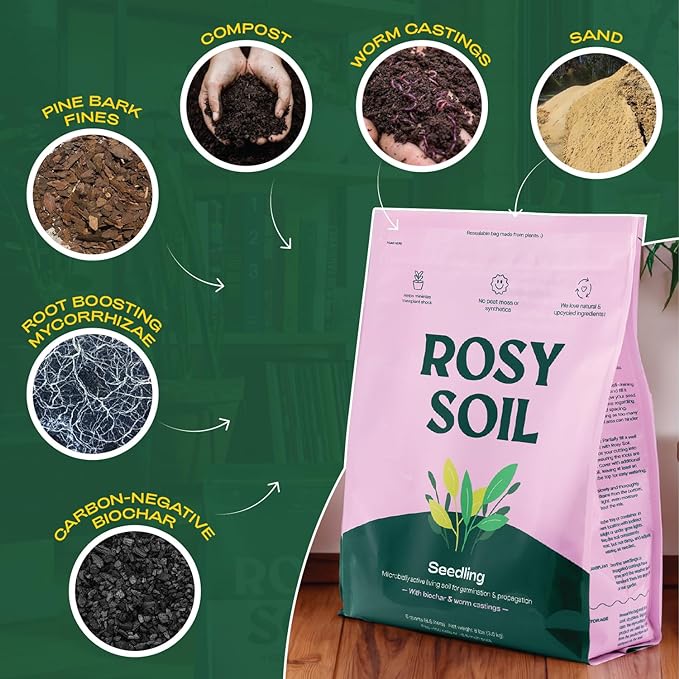 Bag of Rosy Soil seedling soil with labeled ingredients: compost, worm castings, sand, pine bark fines, mycorrhizae, and biochar.