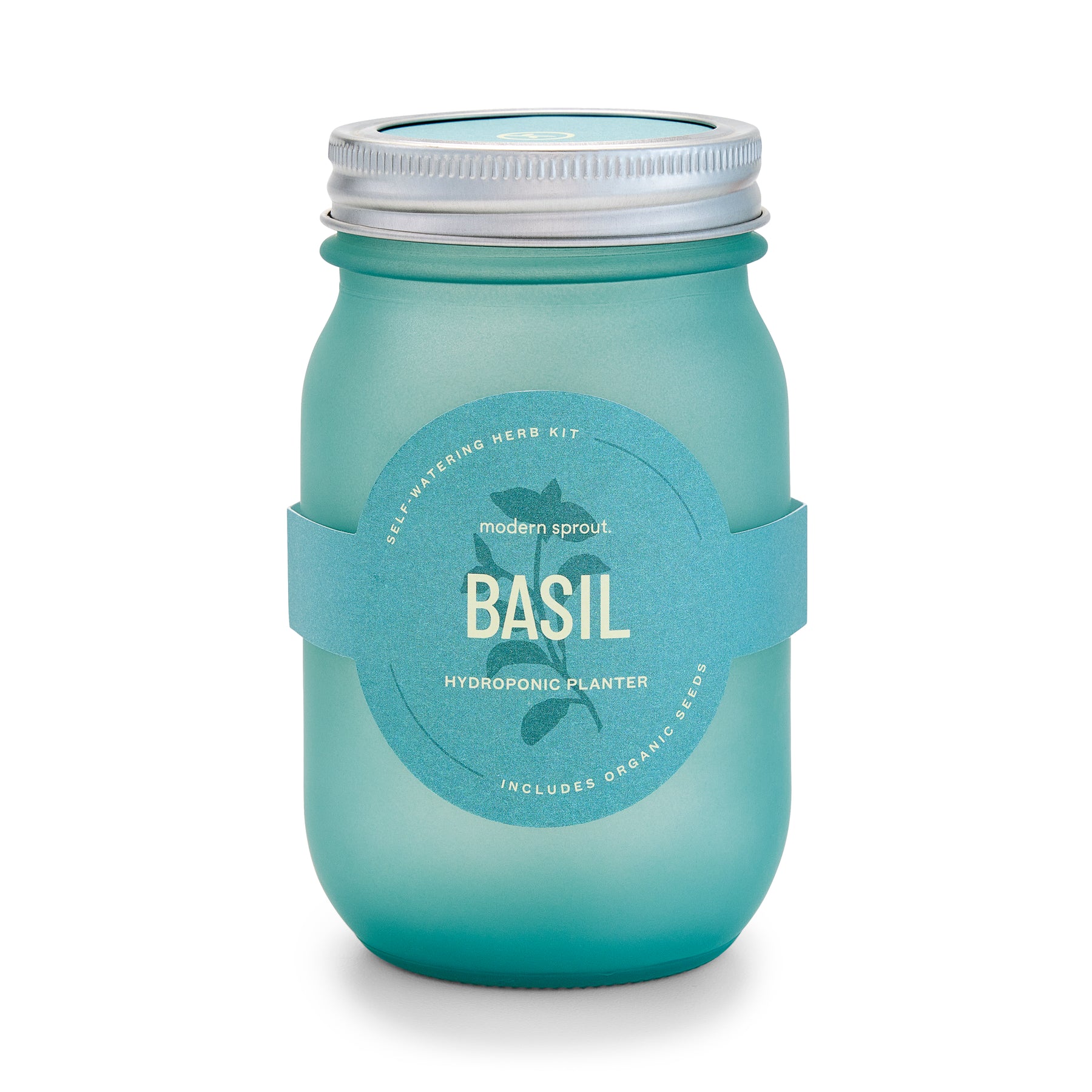 Frosted glass garden jar for growing basil, featuring a metal lid and a label indicating it's a hydroponic planter.