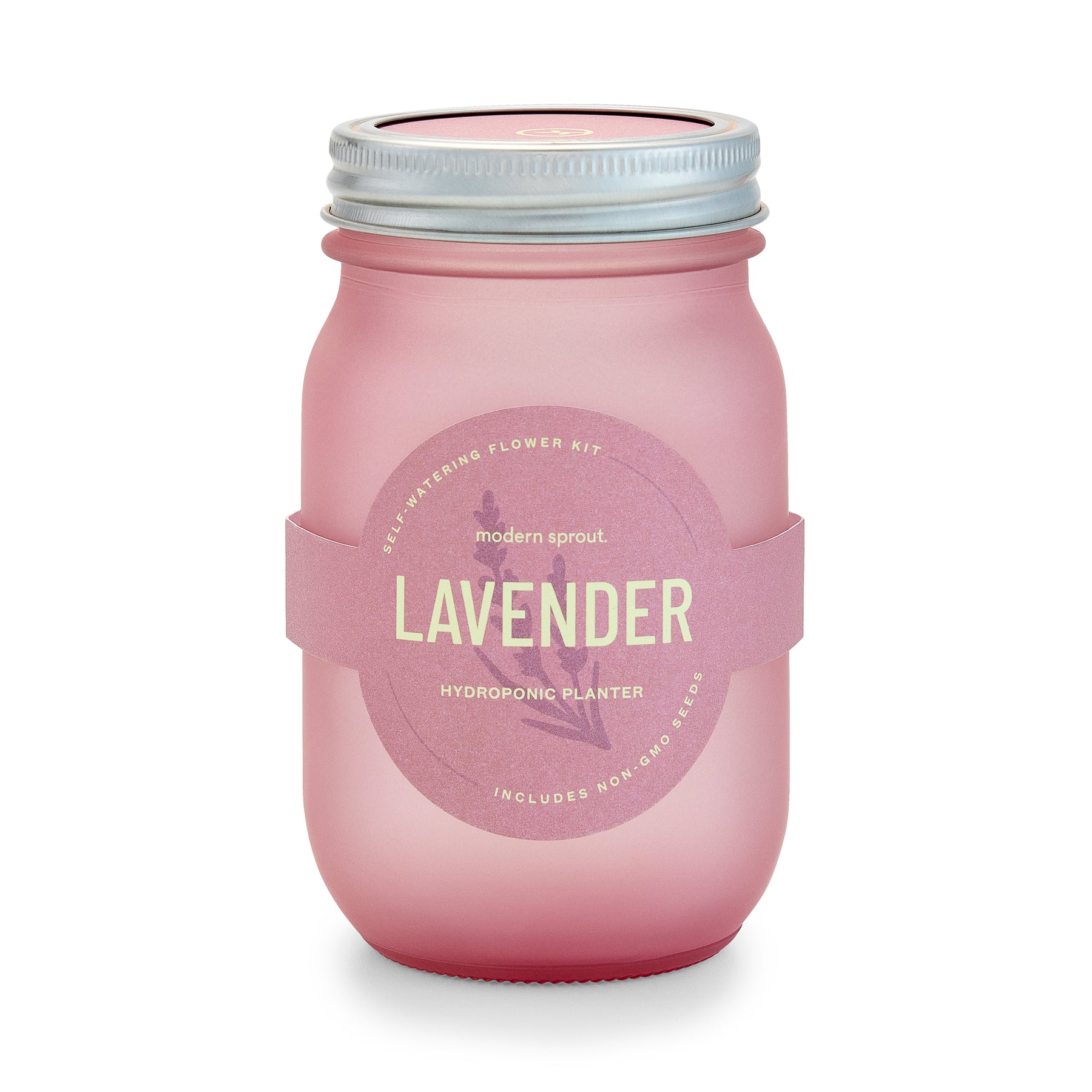 Pink glass garden jar labeled "Lavender," designed for hydroponic planting, featuring a silver metal lid and a decorative band.