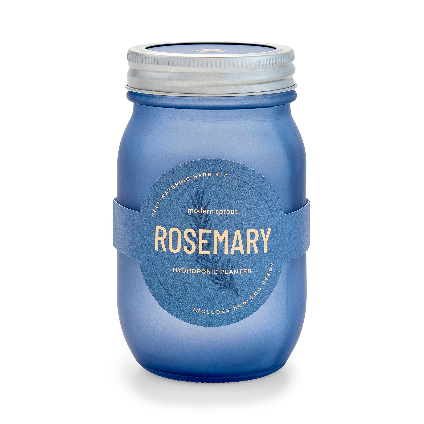 Blue glass garden jar for hydroponic planting, labeled "Rosemary," designed for self-watering herb cultivation.