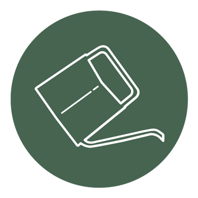 A simple line drawing of an open book on a dark green background.