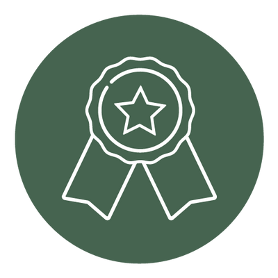 White ribbon icon with a star on a dark green background, symbolizing quality or award.