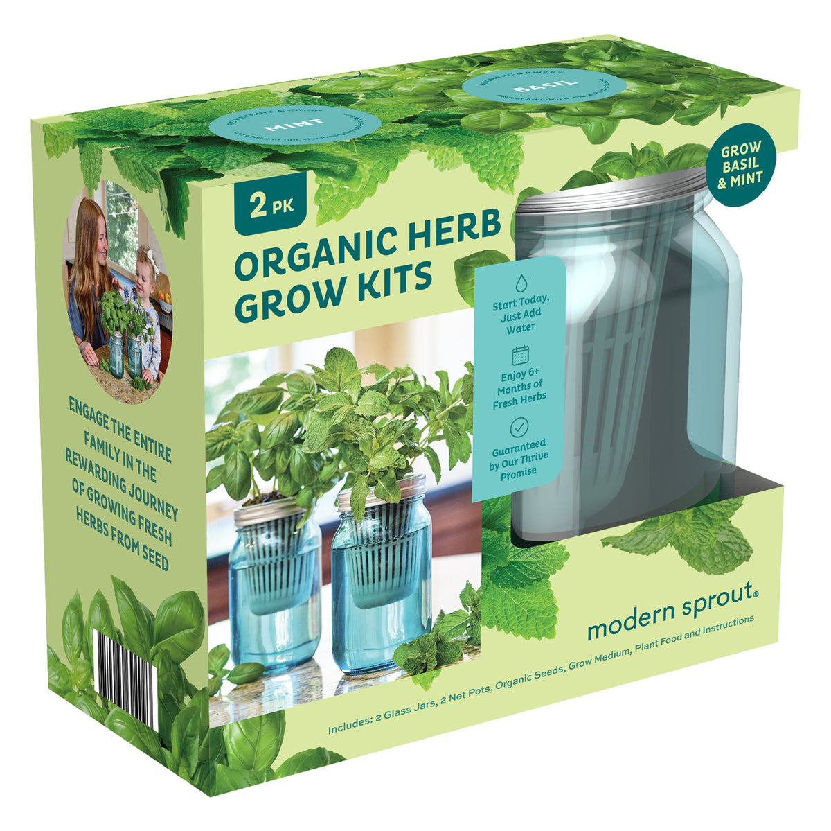 Two-pack Mason jar grow kits for organic herbs, featuring basil and mint, with seeds and growing medium included.