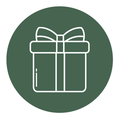 White gift box icon with a silver bow on a dark green background.