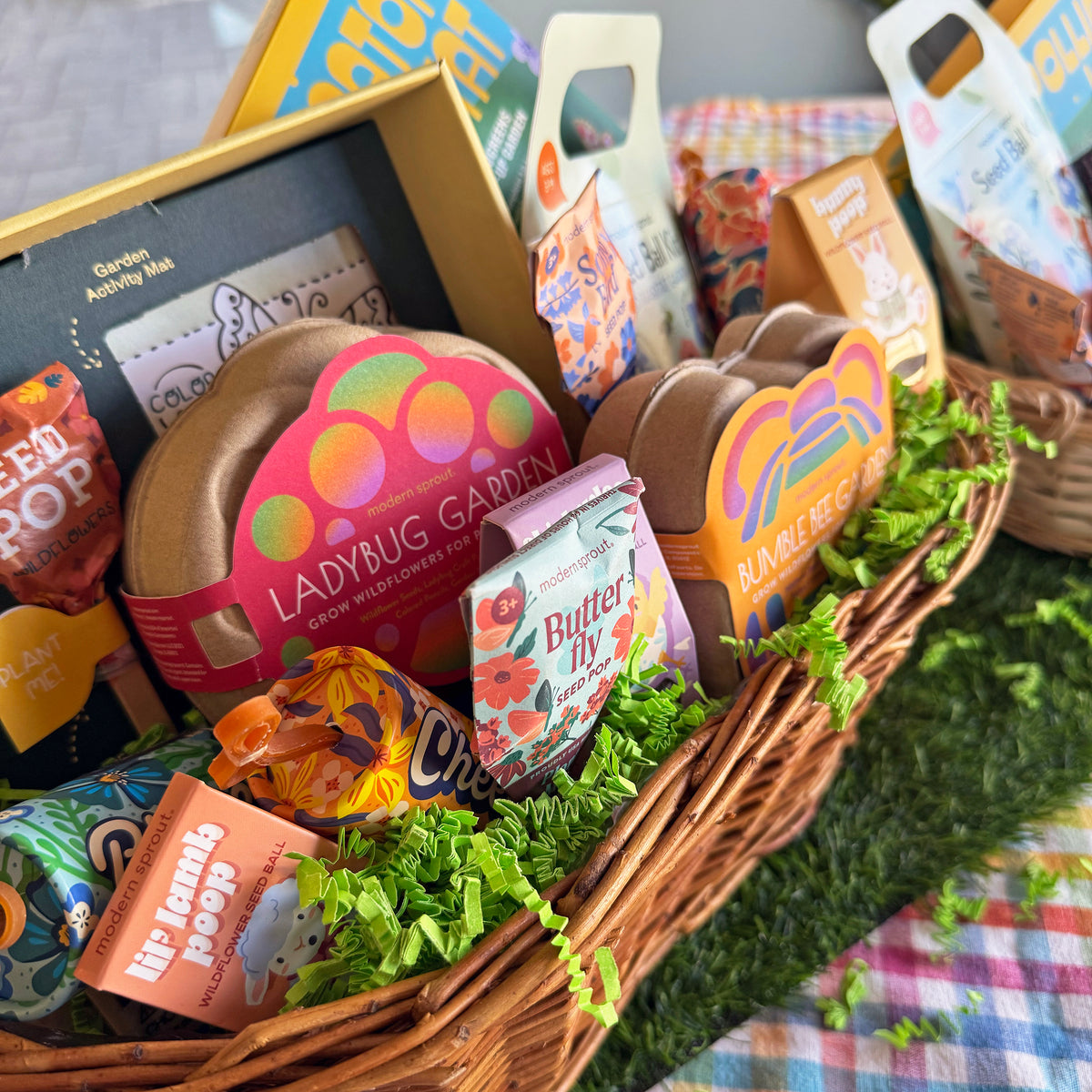 Colorful limited edition Easter basket filled with gardening kits, treats, and playful activity items.