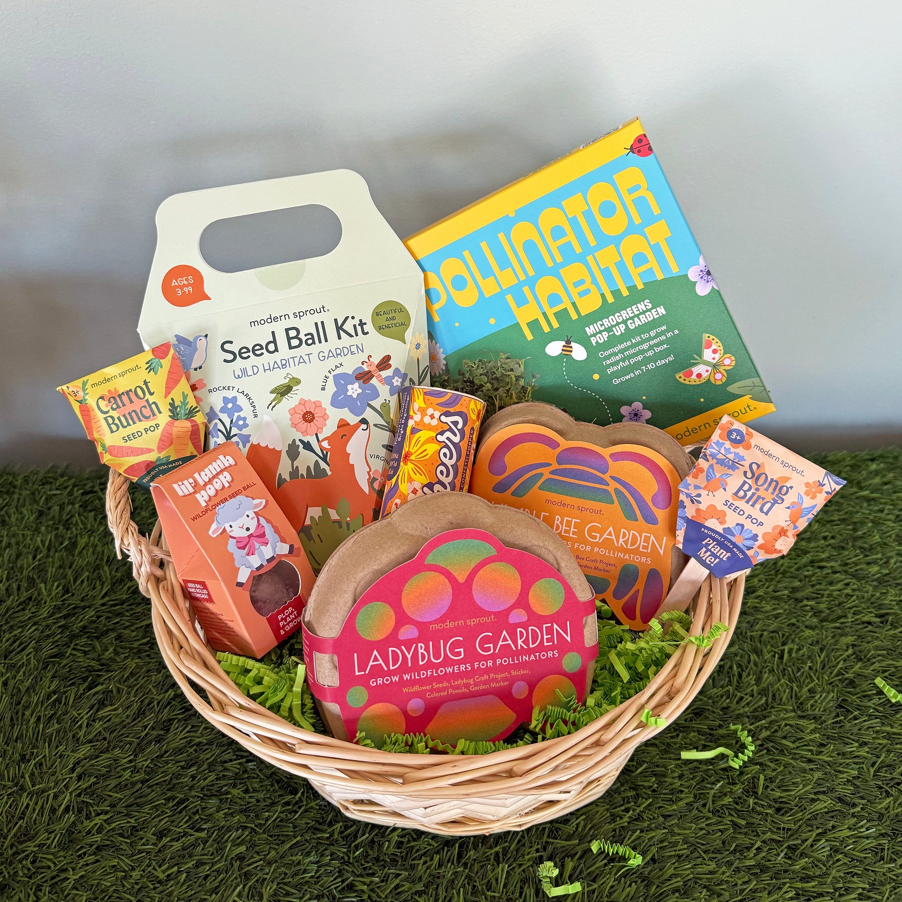 Limited edition Easter basket featuring a seed ball kit, pollinator habitat book, and assorted treats, all in a woven basket.