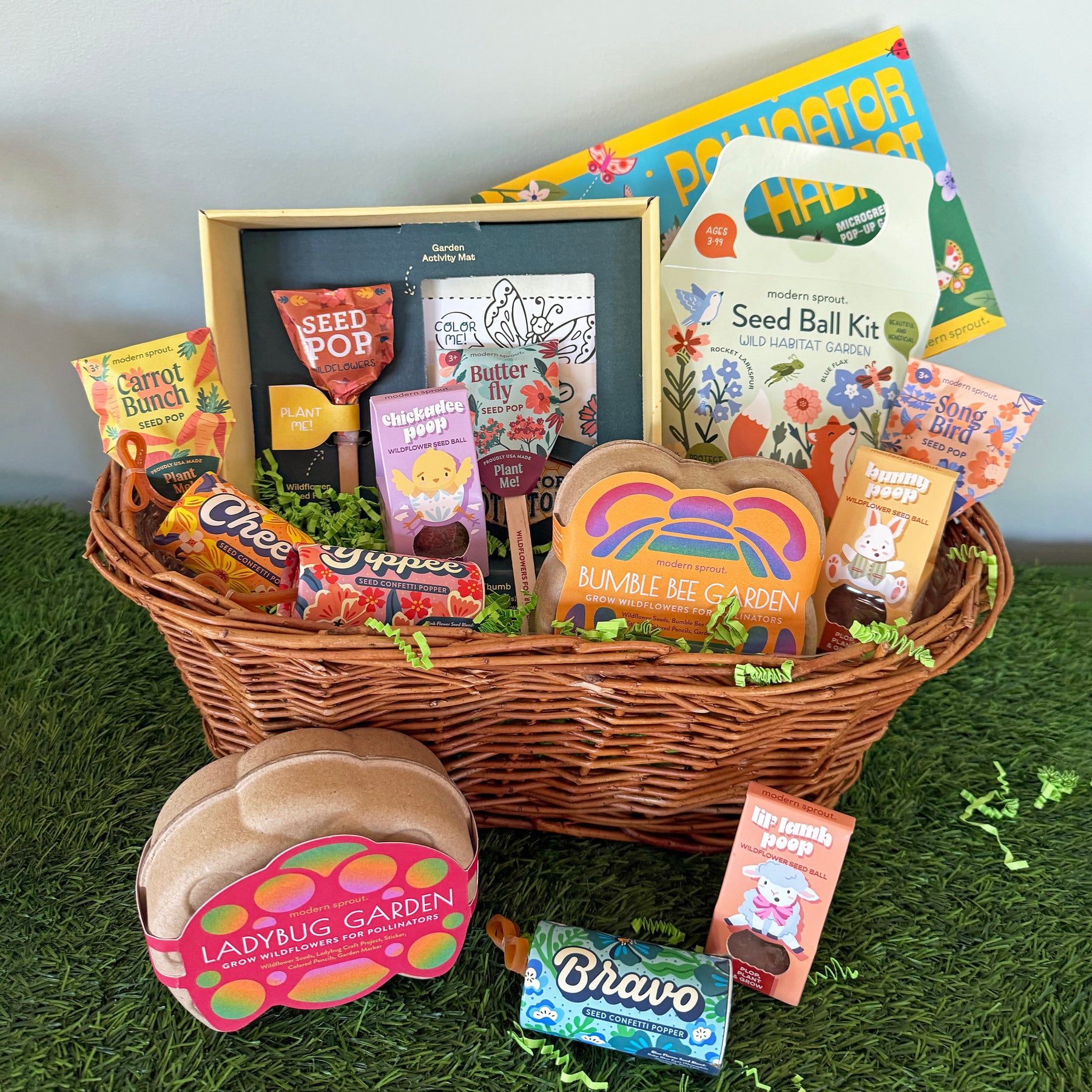Limited edition Easter basket filled with gardening kits, seed packets, and themed treats, all arranged in a wicker basket.