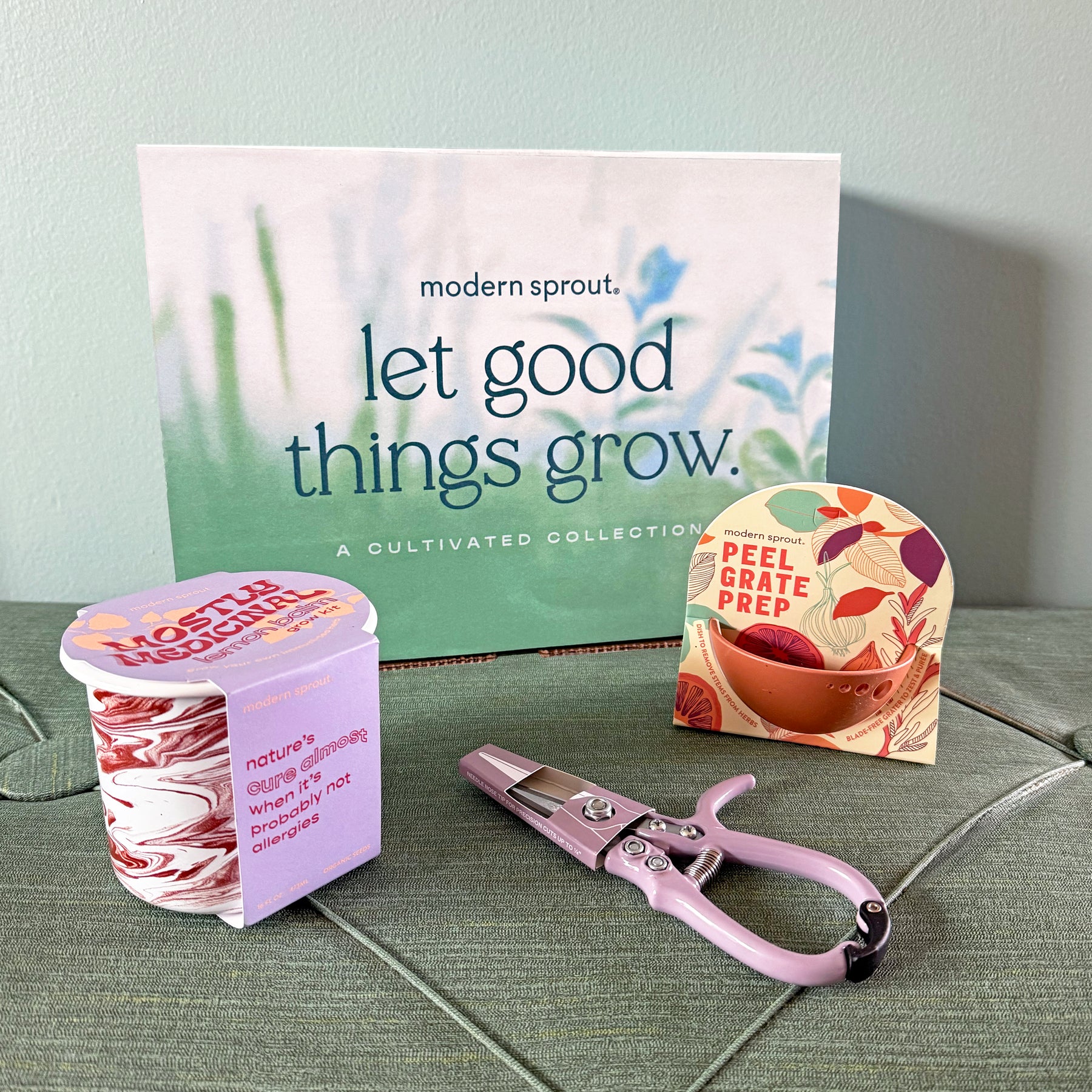Limited edition gift boxes featuring a plant care guide, a seed starter kit, and pruning shears on a textured surface.