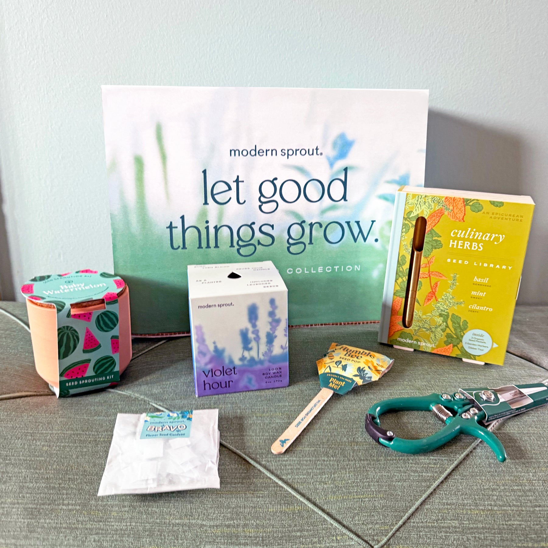 Limited edition gift box featuring a plant care guide, herb seeds, a watering can, and gardening tools.