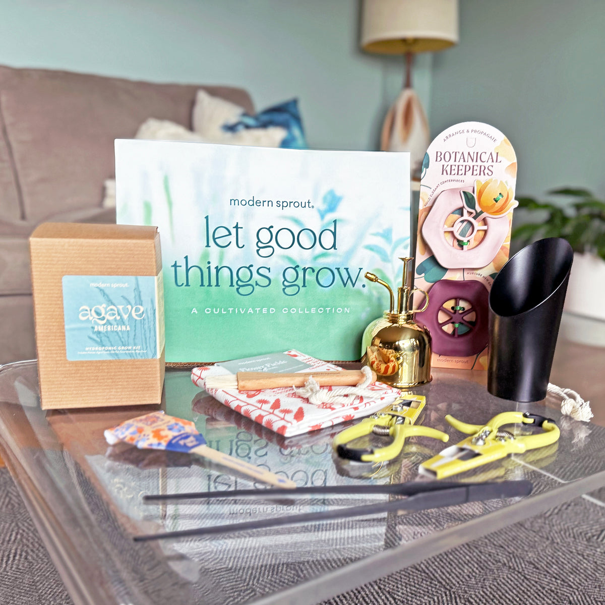 A limited edition gift box featuring gardening tools, a plant mister, and a botanical guide on a glass table.