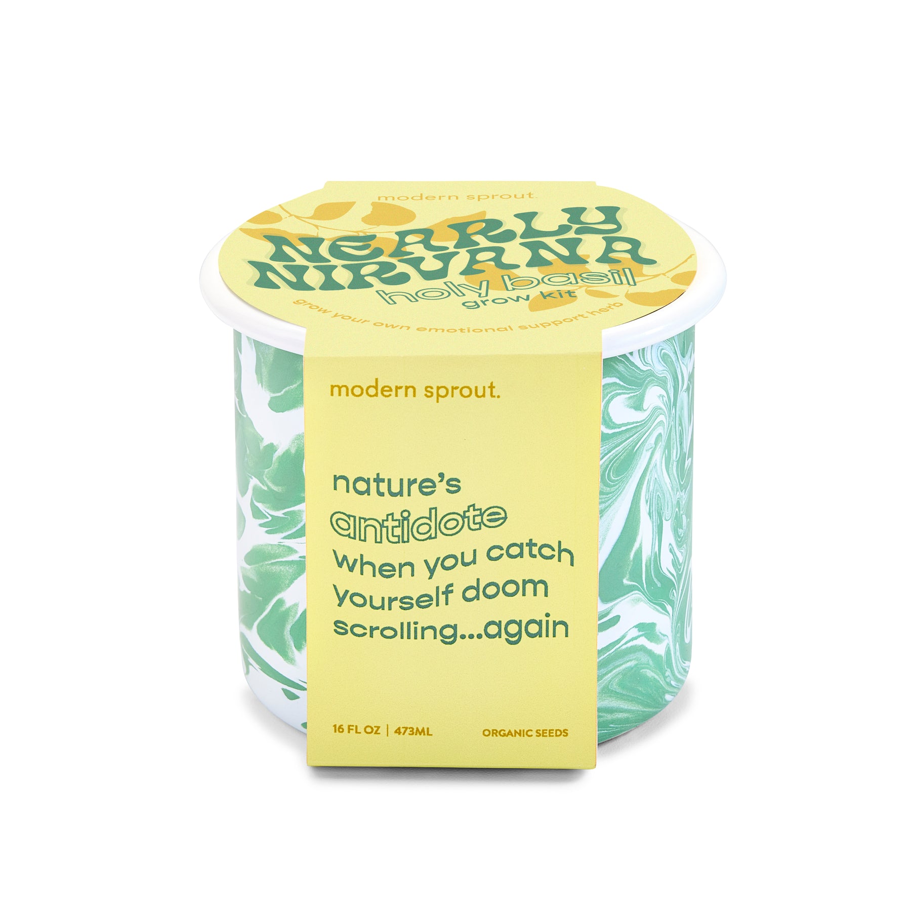 Colorful mug grow kit featuring a marbled design, labeled as "nature's antidote" for growing herbs at home.
