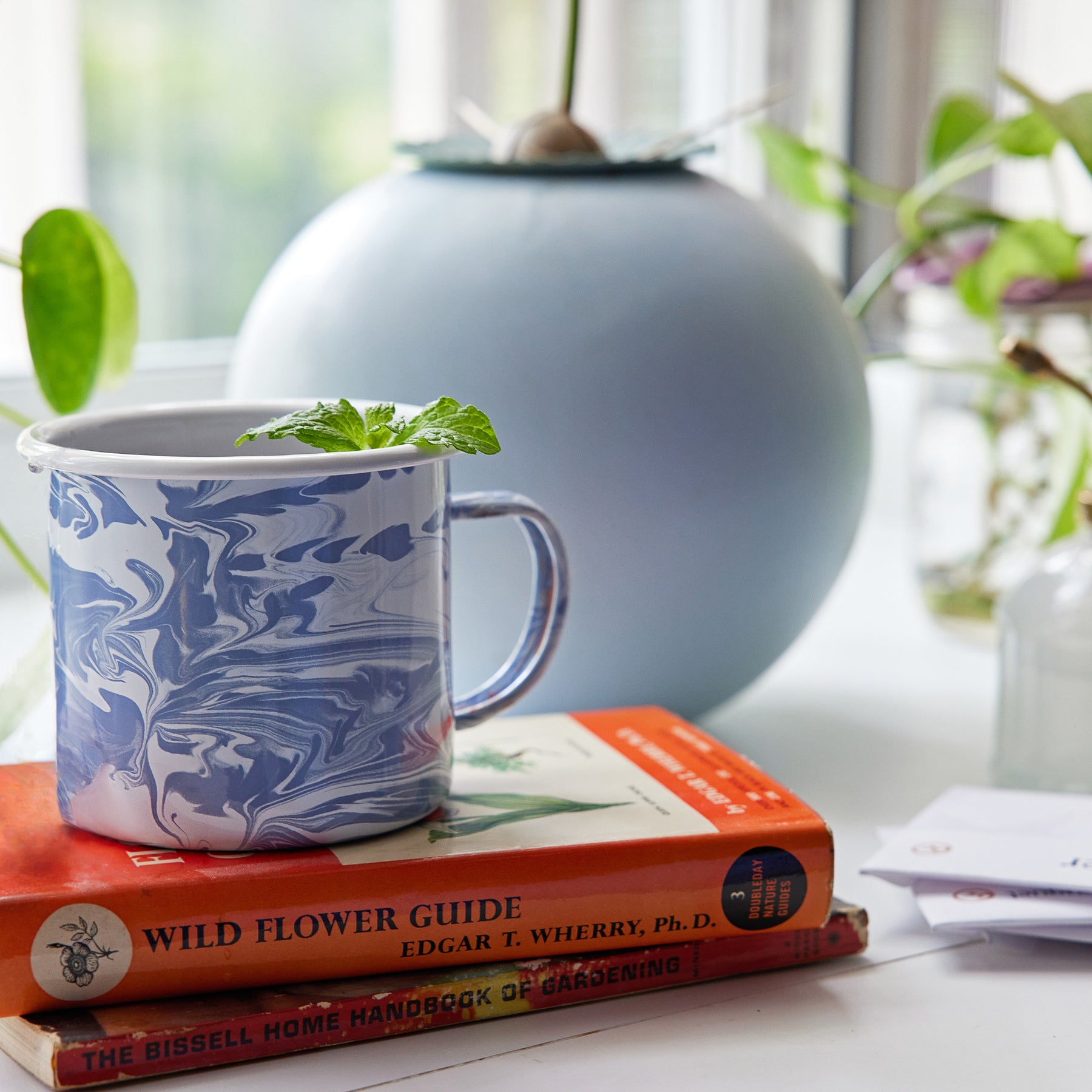 Marbled mug with a small herb plant sits atop stacked gardening books, with a light blue vase and greenery in the background.