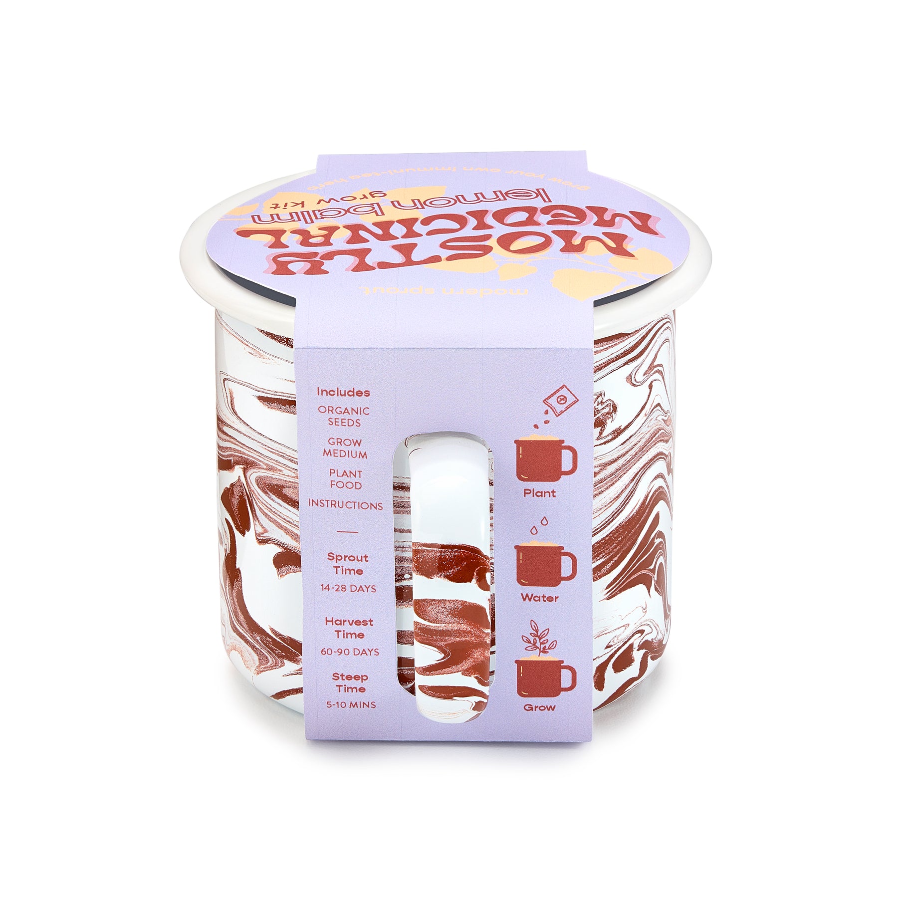 Mug grow kit with organic seeds, instructions, and a marbled design for easy herb cultivation at home.