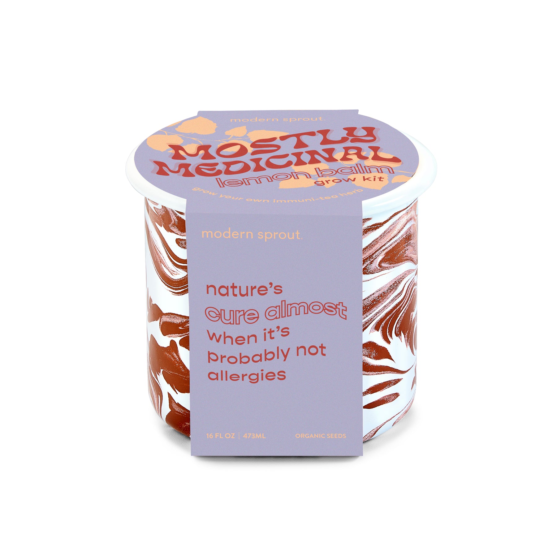 Altered Herb Mug Grow Kit featuring a colorful design and label promoting lemon balm as a medicinal herb.