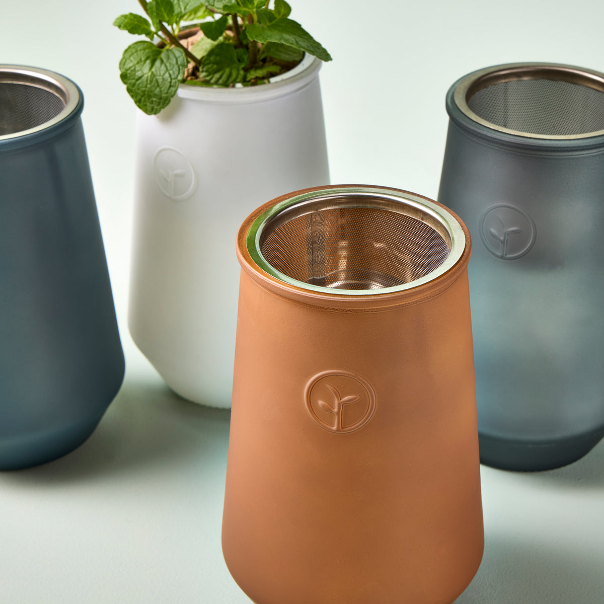 Tapered tumbler grow kits in various colors with plants, featuring a stainless steel mesh insert for easy drainage.