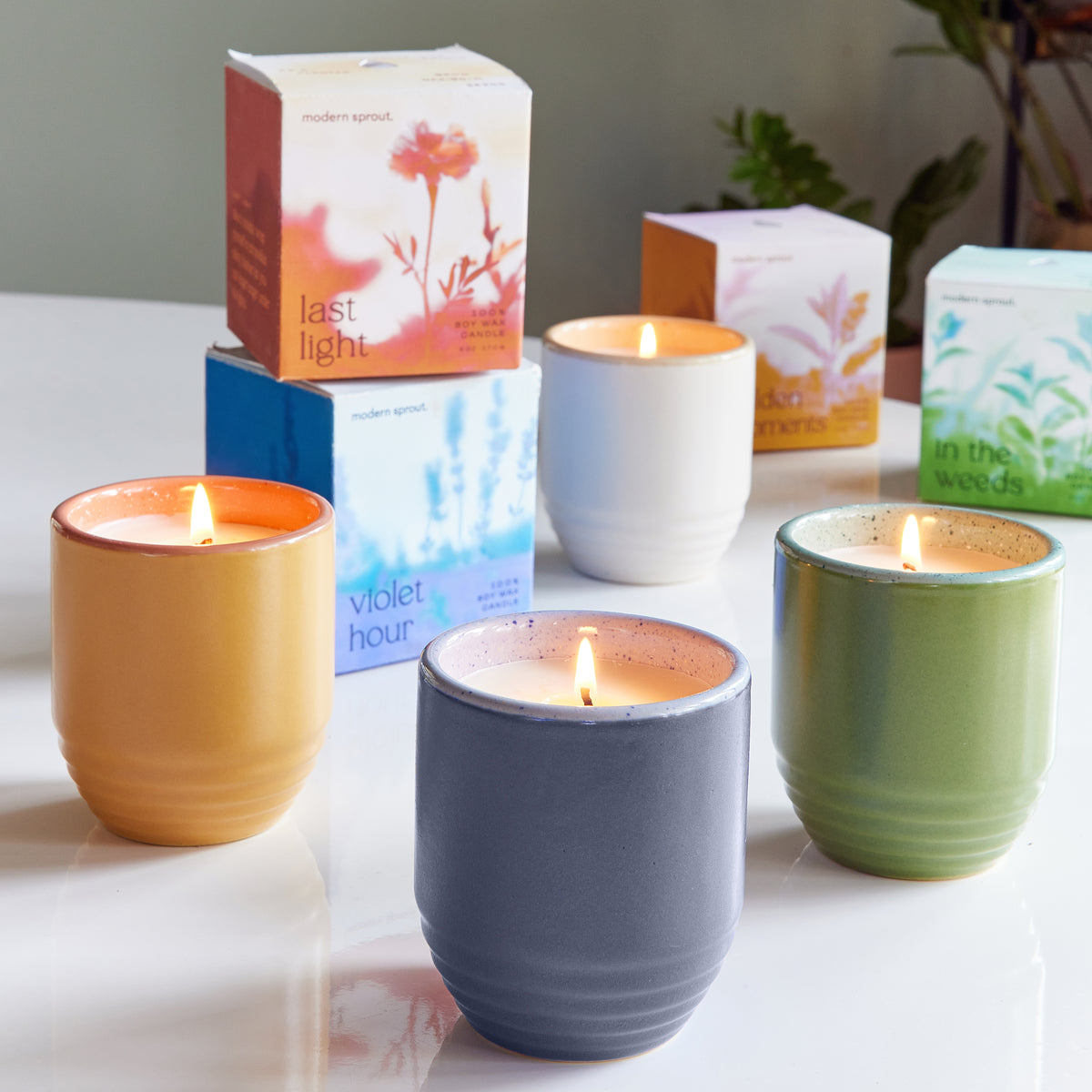 Colorful candles in ceramic planters, featuring scents like Last Light and Violet Hour, arranged on a table.
