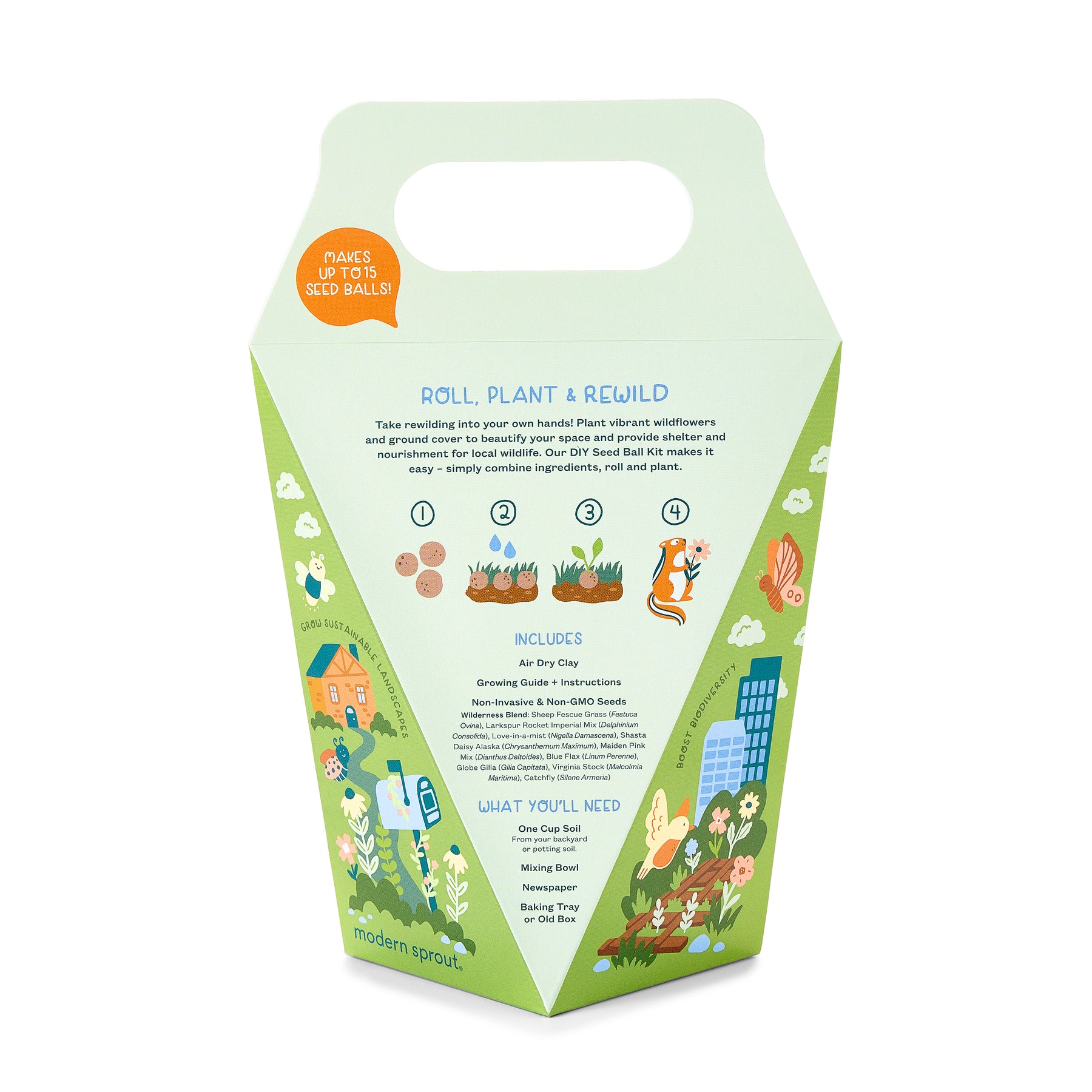 Seed ball kit packaging featuring colorful illustrations and instructions for creating seed balls, promoting gardening and sustainability.