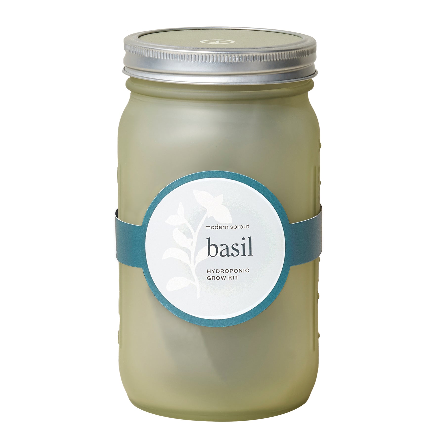 Green glass garden jar featuring a label for a basil hydroponic grow kit, designed for indoor gardening.