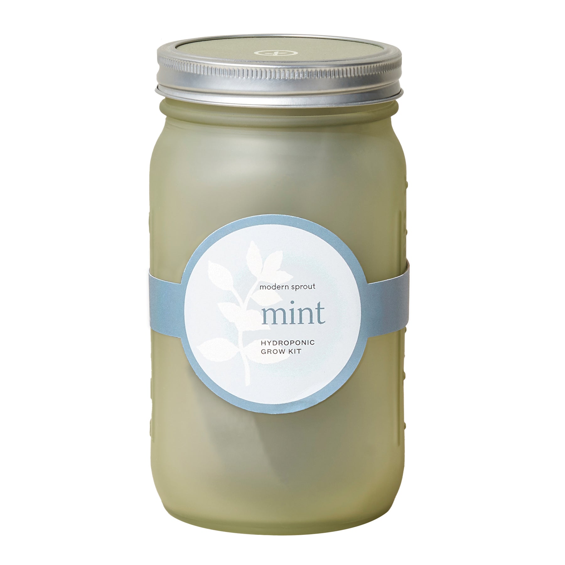Green glass garden jar featuring a mint hydroponic grow kit label, designed for indoor herb cultivation.