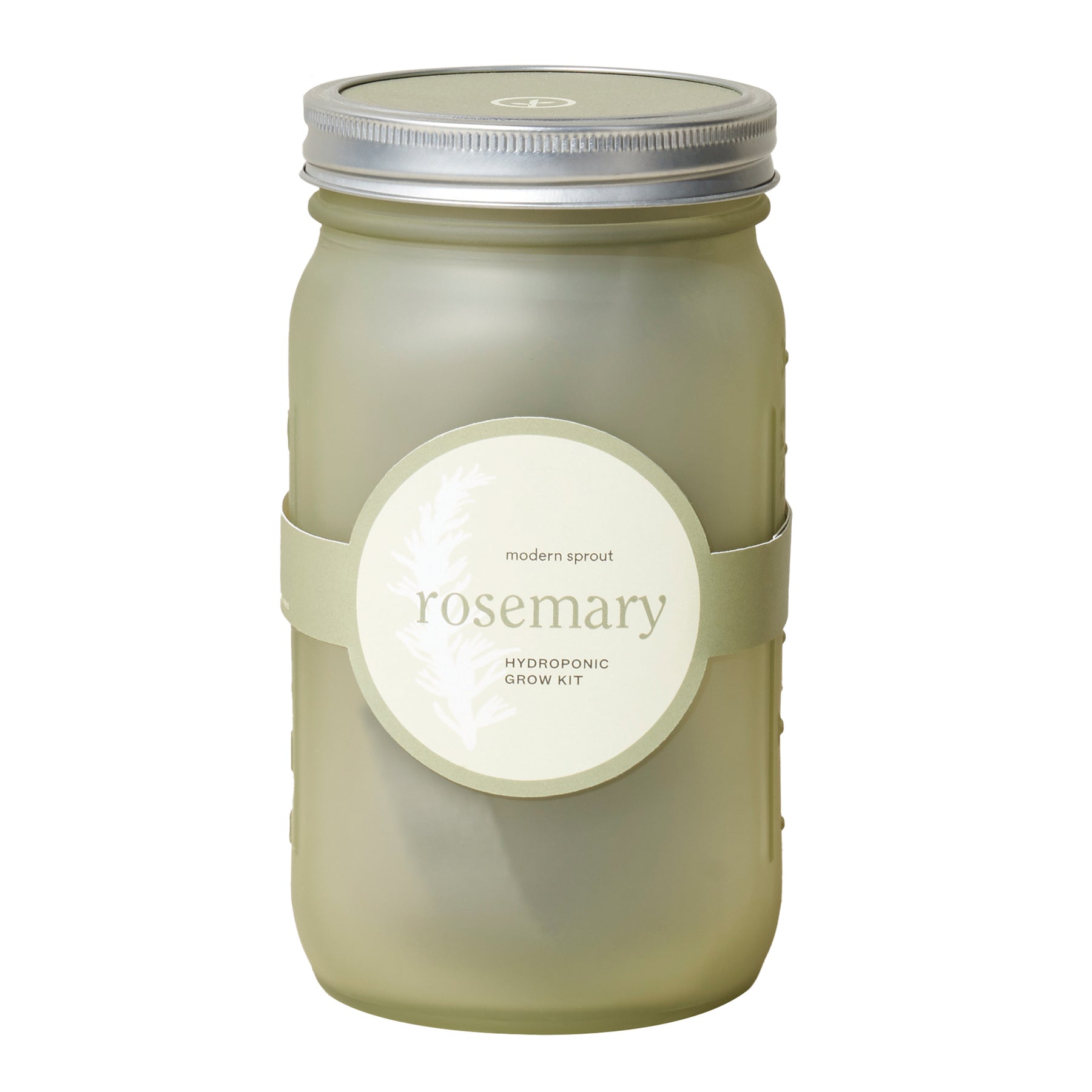 Green glass garden jar featuring a label for a rosemary hydroponic grow kit, designed for indoor gardening.