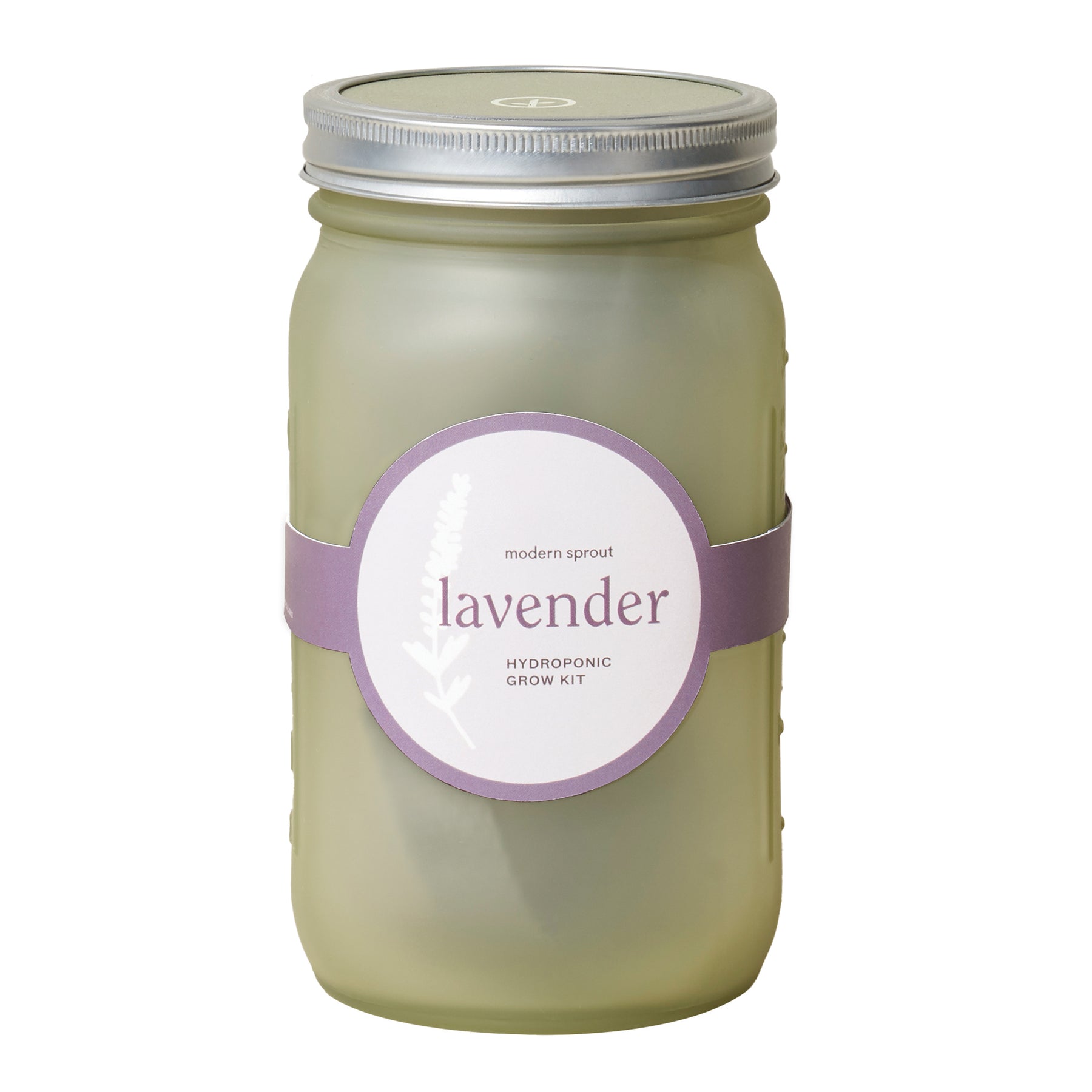 Green glass garden jar featuring a lavender label, designed for hydroponic growing kits. Ideal for indoor gardening.