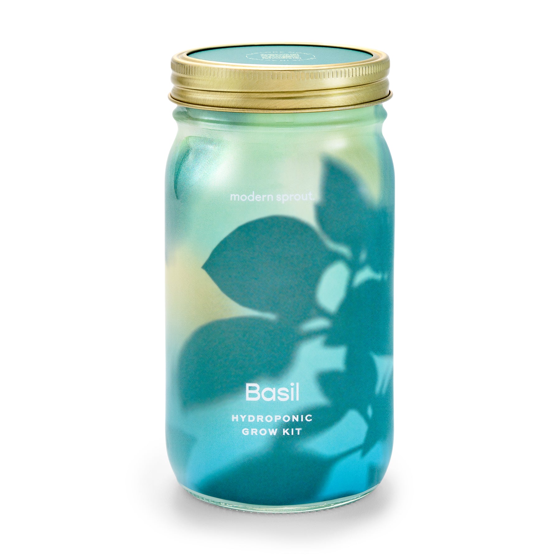 Hydroponic grow kit jar for basil, featuring a gold lid and a blue-green design with leaf silhouettes.