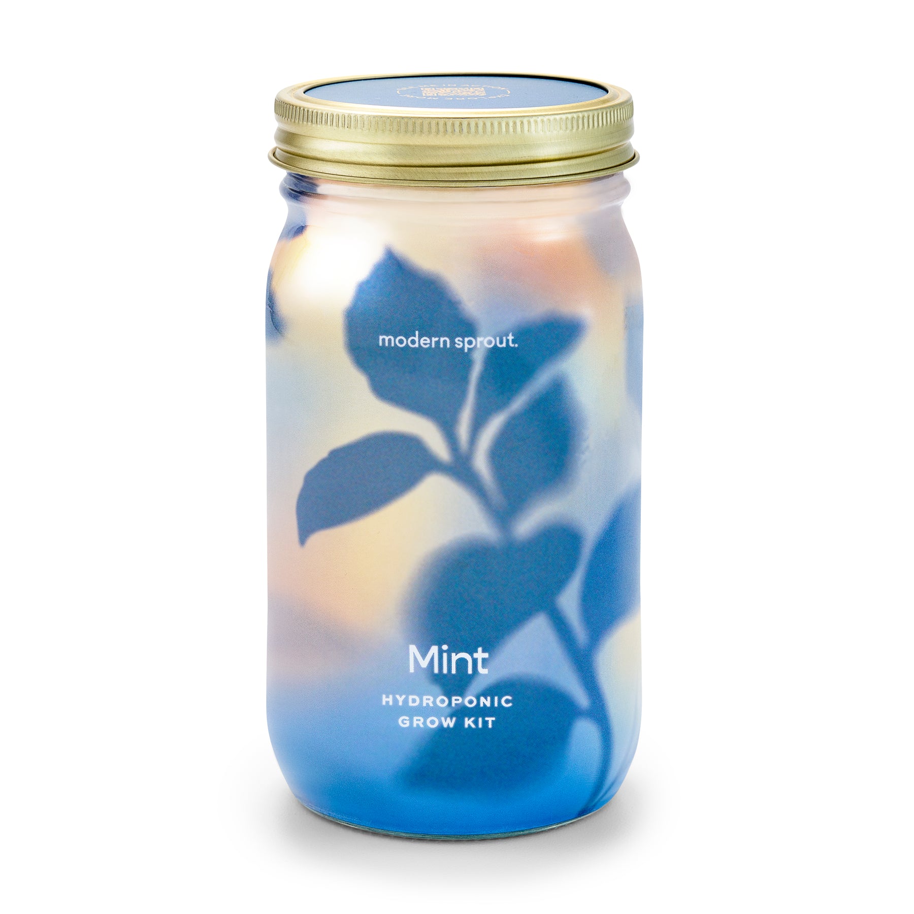 Clear glass jar labeled "Mint" containing a hydroponic grow kit for organic herbs, featuring a gold lid and plant silhouette.