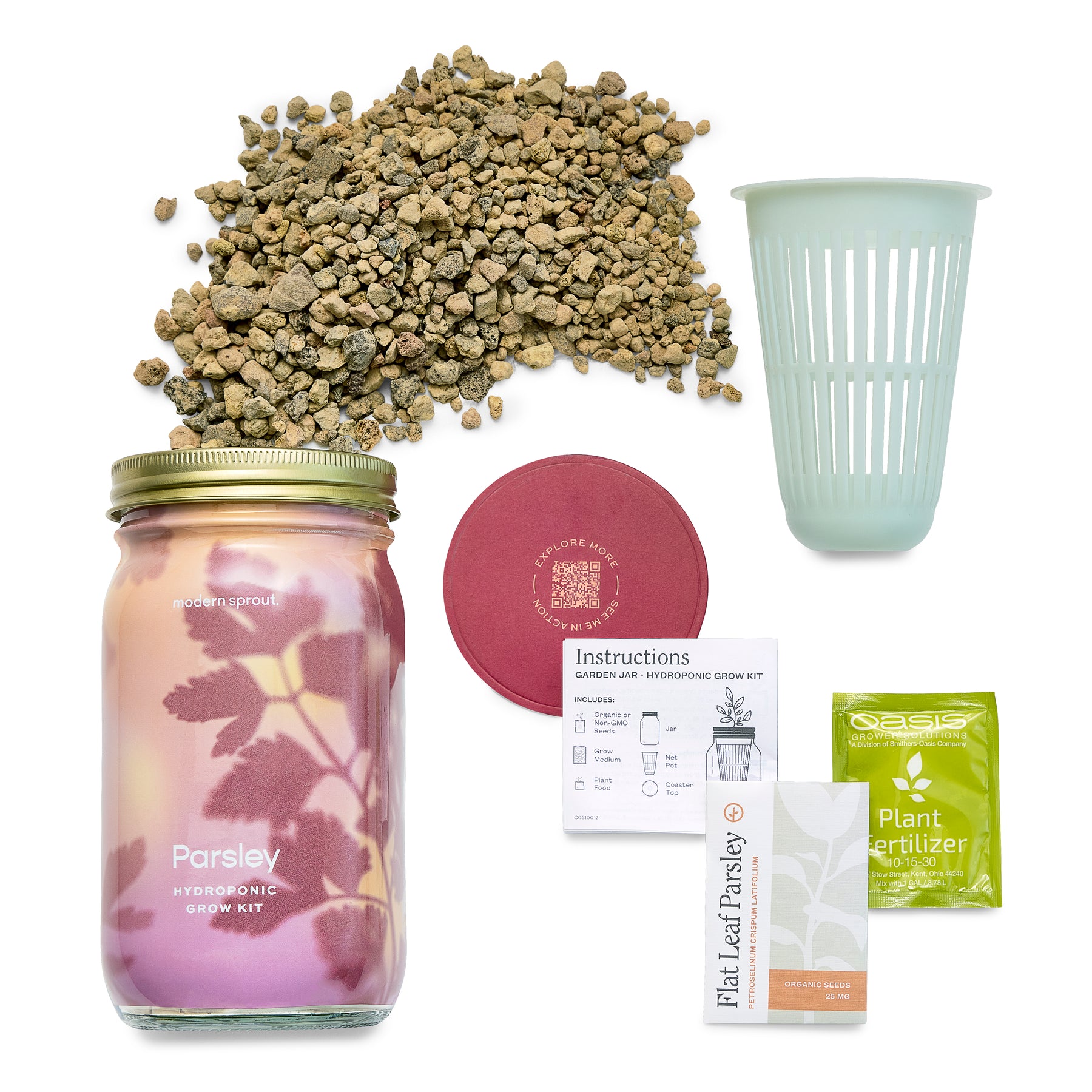 Hydroponic garden jar kit featuring parsley seeds, growing medium, instructions, and plant fertilizer.