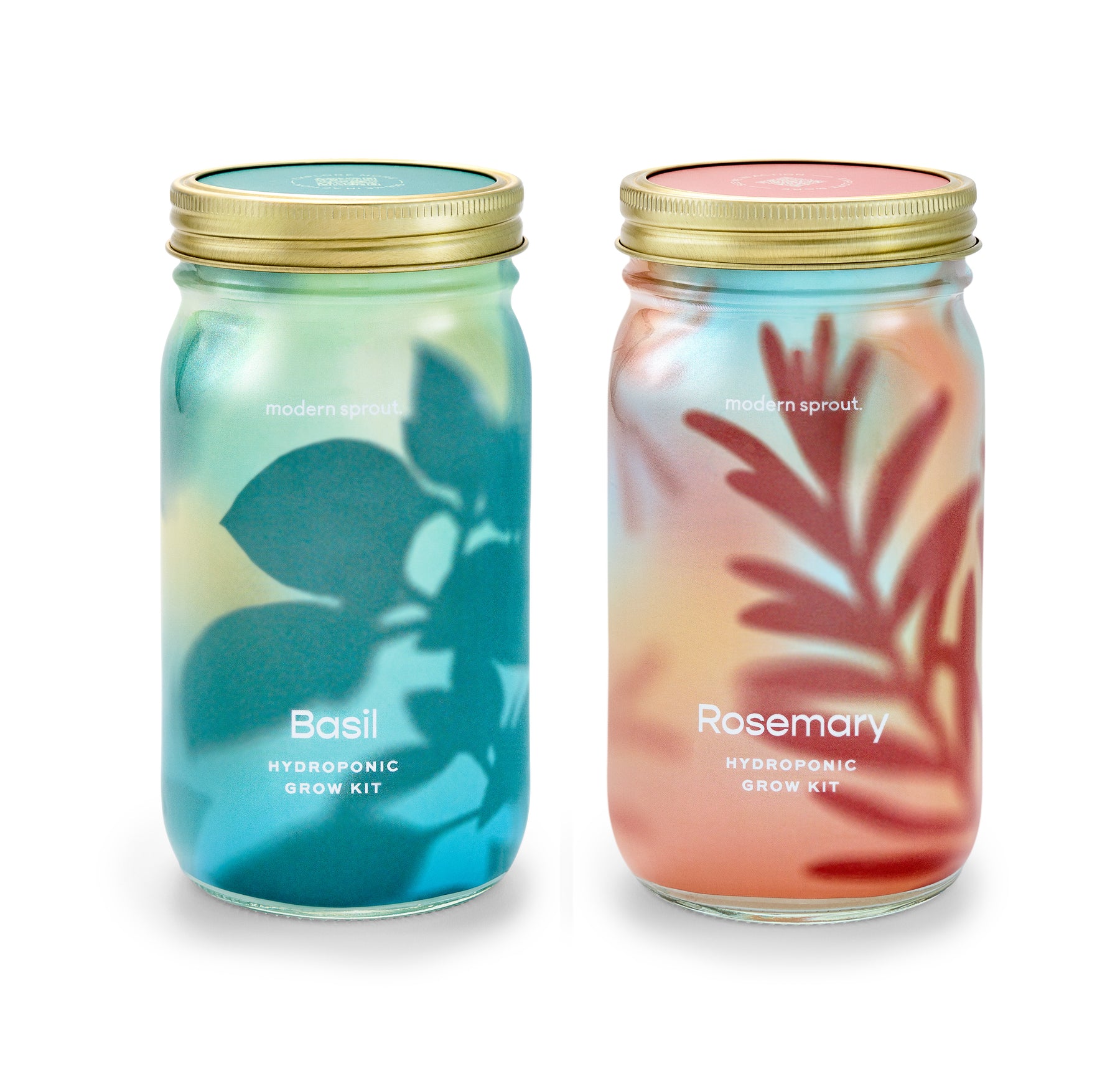 Two garden jars labeled "Basil" and "Rosemary," featuring colorful designs, for organic herb hydroponic grow kits.