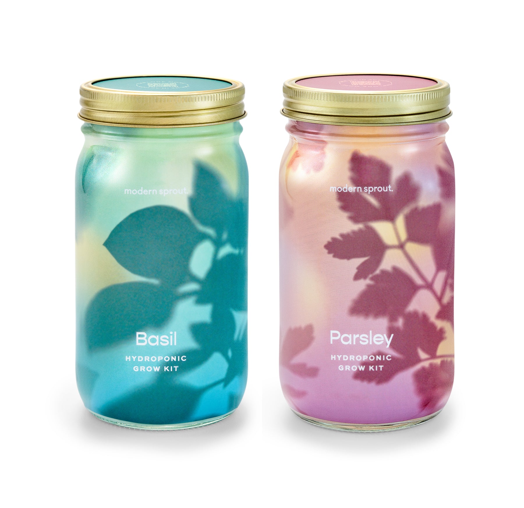 Two garden jars labeled Basil and Parsley, featuring colorful designs and hydroponic grow kit branding.