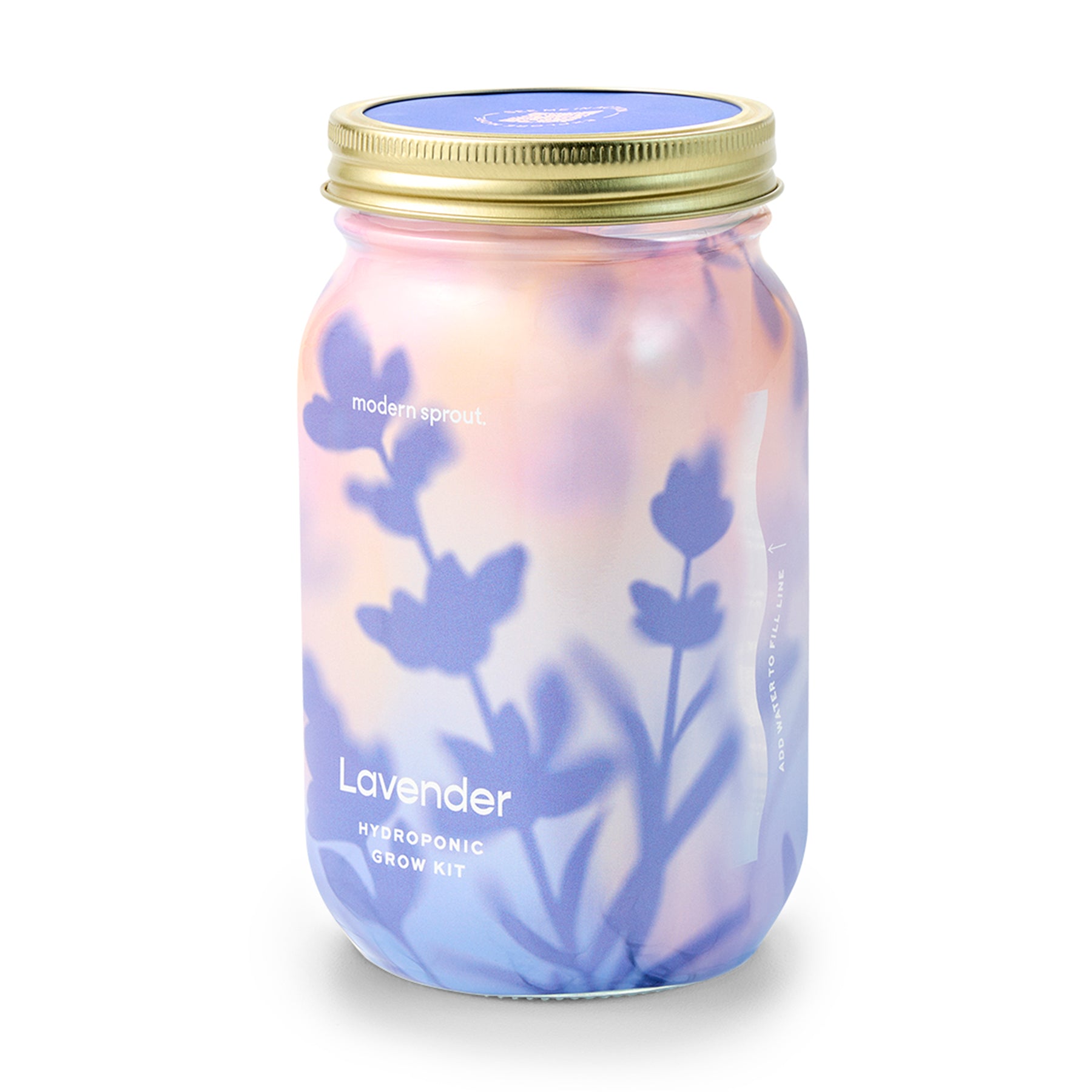 Lavender hydroponic grow kit in a glass jar with a gold lid, featuring a floral design and pastel colors.