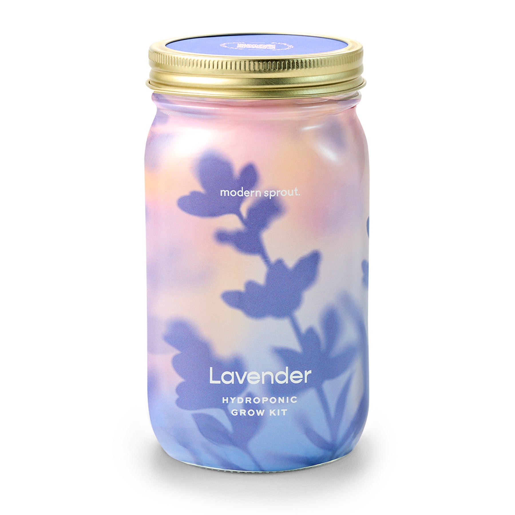 Lavender hydroponic grow kit in a glass jar with a gold lid, featuring a soft floral design on the jar.