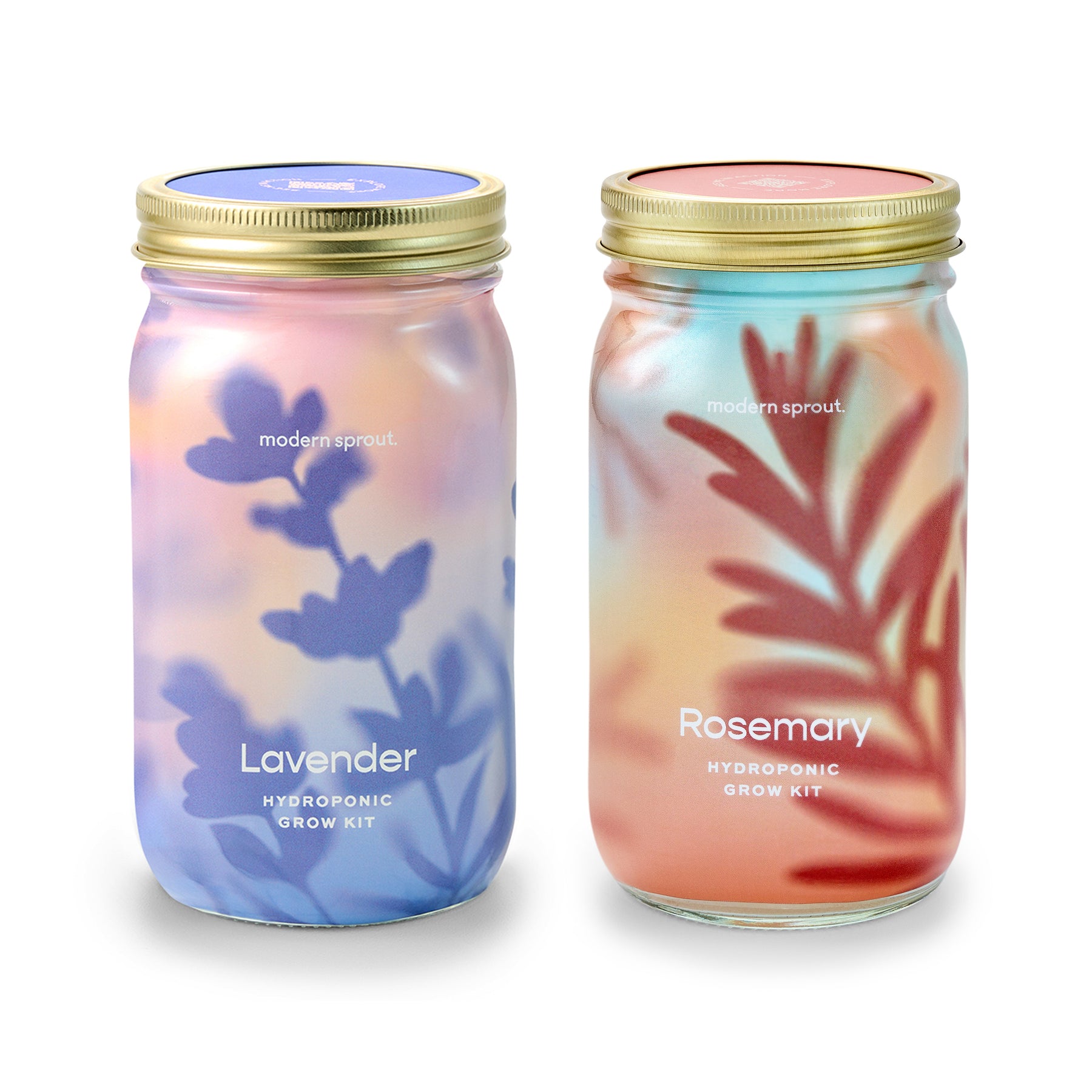 Two decorative jars labeled Lavender and Rosemary, designed for hydroponic herb growing, featuring colorful, botanical designs.