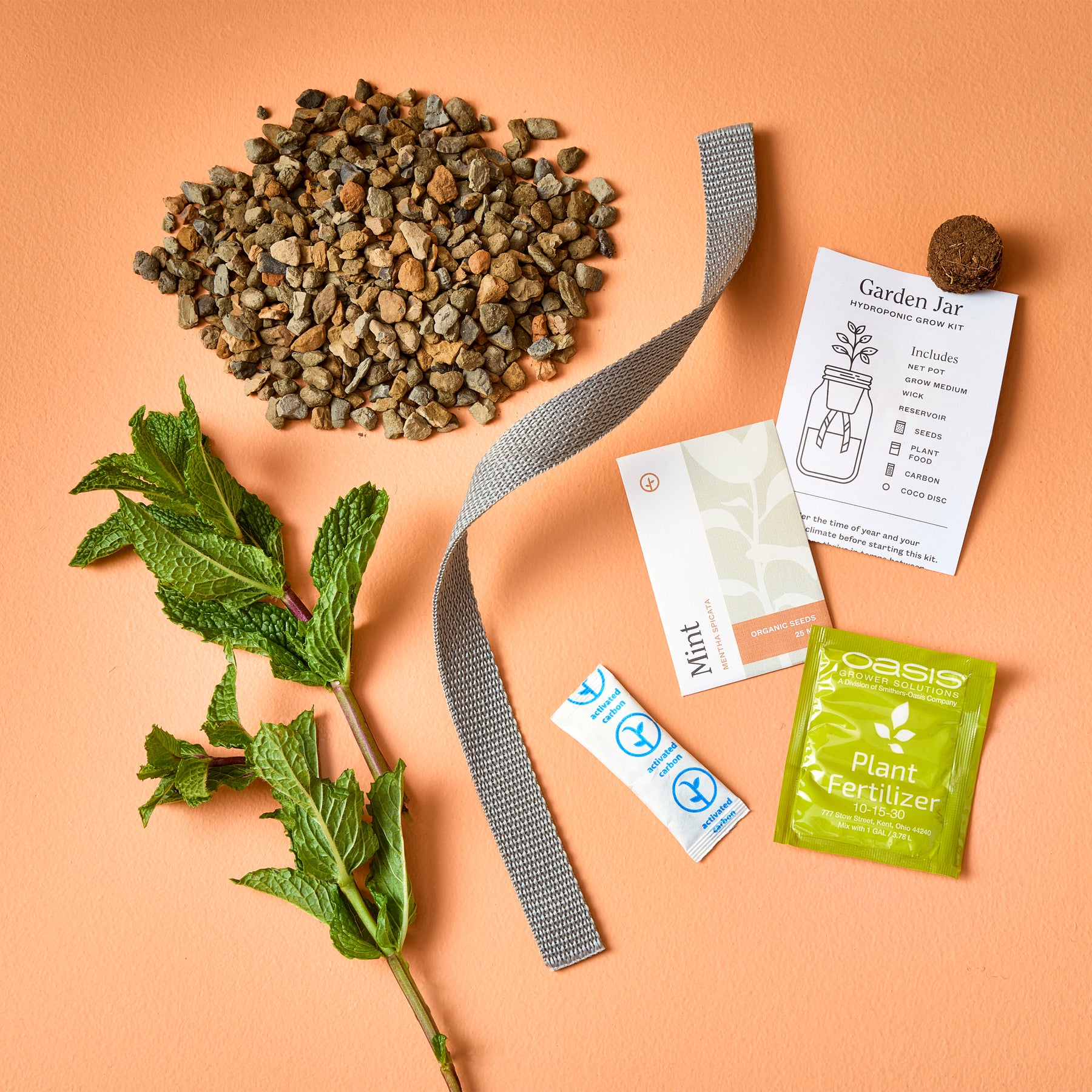 Passive Hydroponic Replant Kit with mint cuttings, growing medium, fertilizer, and instructions on an orange background.