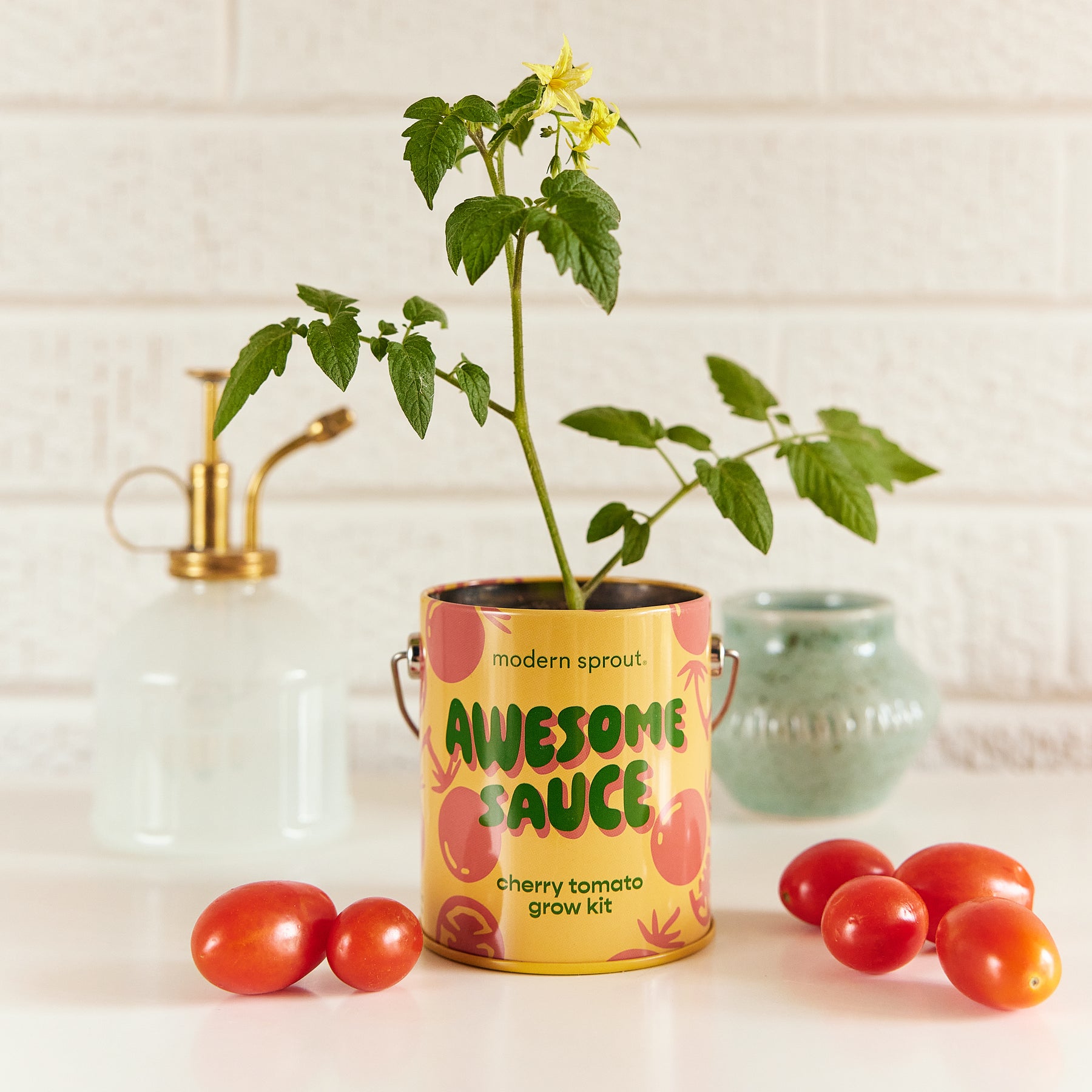 Yellow canister labeled "Awesome Sauce" contains a cherry tomato plant with green leaves and a flower, surrounded by ripe tomatoes.