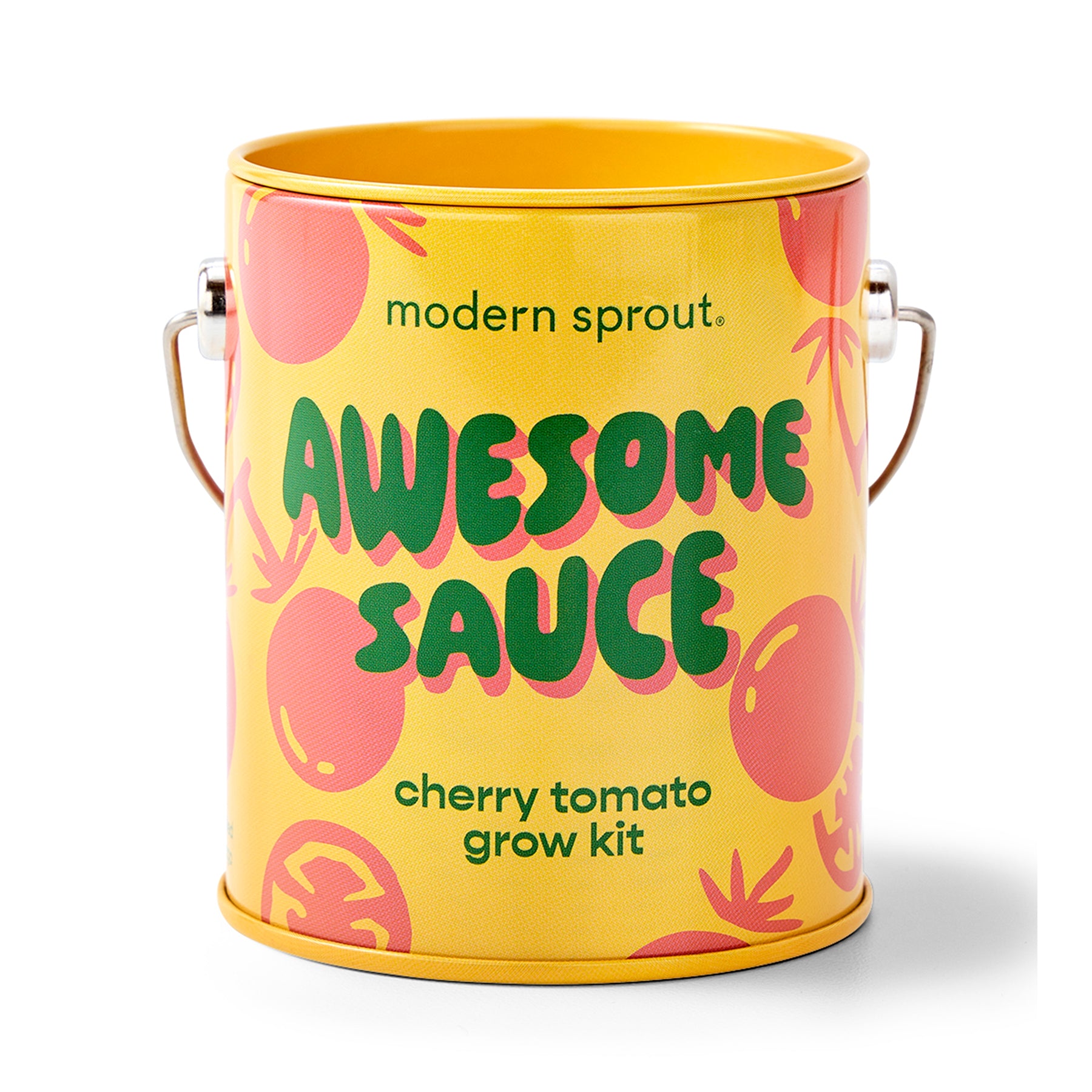Bright yellow tin featuring playful graphics and the text "Awesome Sauce" for a cherry tomato grow kit by Modern Sprout.