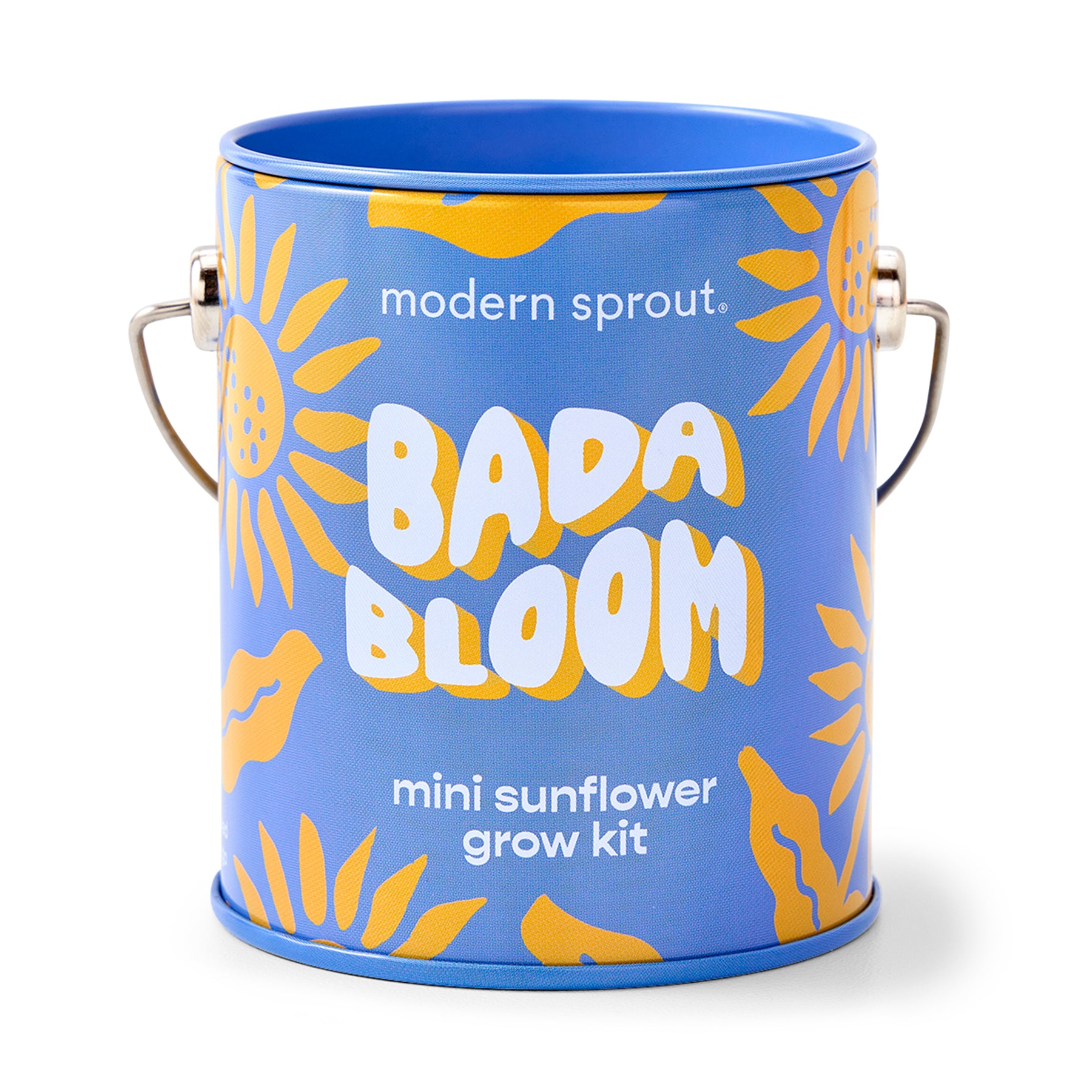 Bright blue tin can featuring yellow sunflower graphics, labeled "Bada Bloom Mini Sunflower Grow Kit" by Modern Sprout.