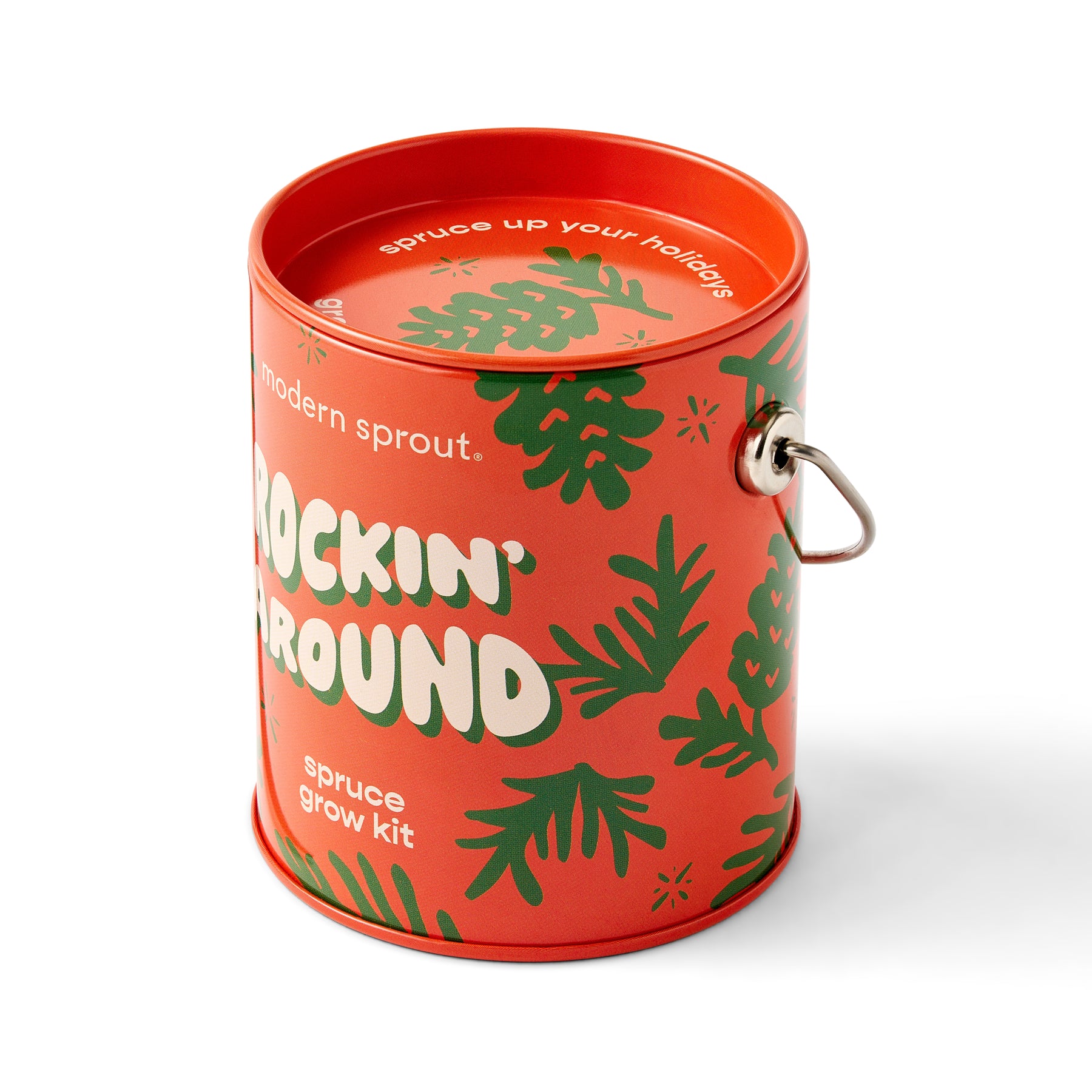 Brightly colored holiday grow kit in a decorative tin, featuring festive plant graphics and the text "Rockin' Around.