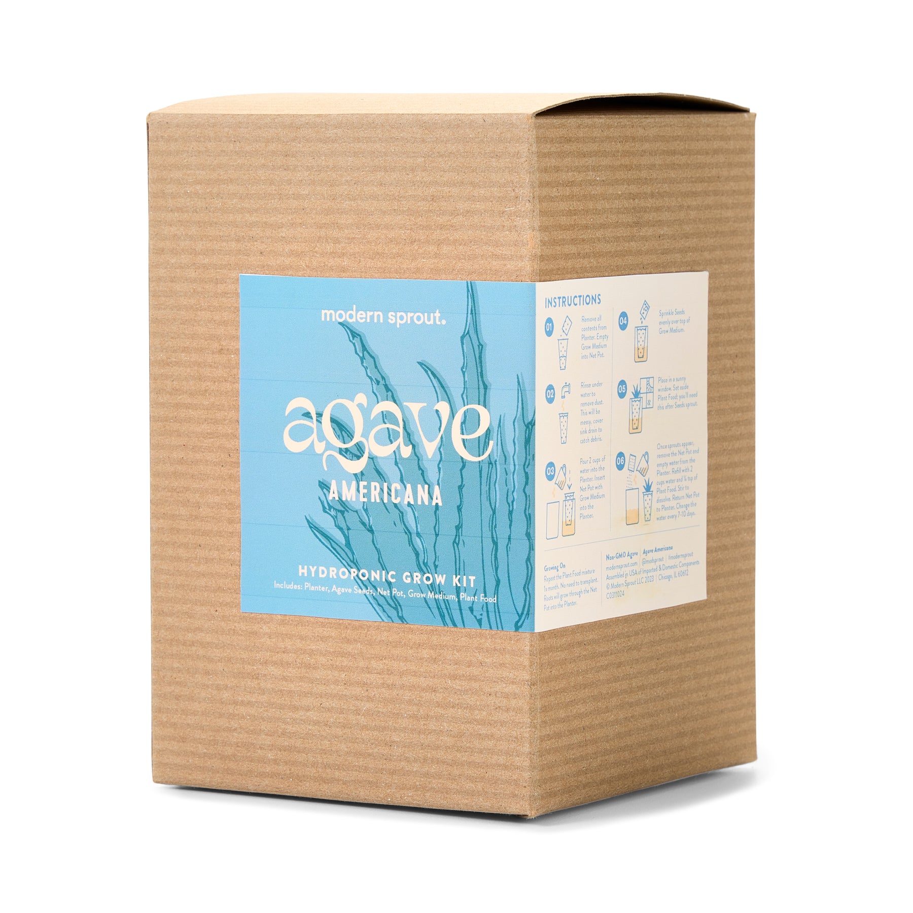 Agave Grow Kit by Modern Sprout in a cardboard box featuring instructions and a blue label design.