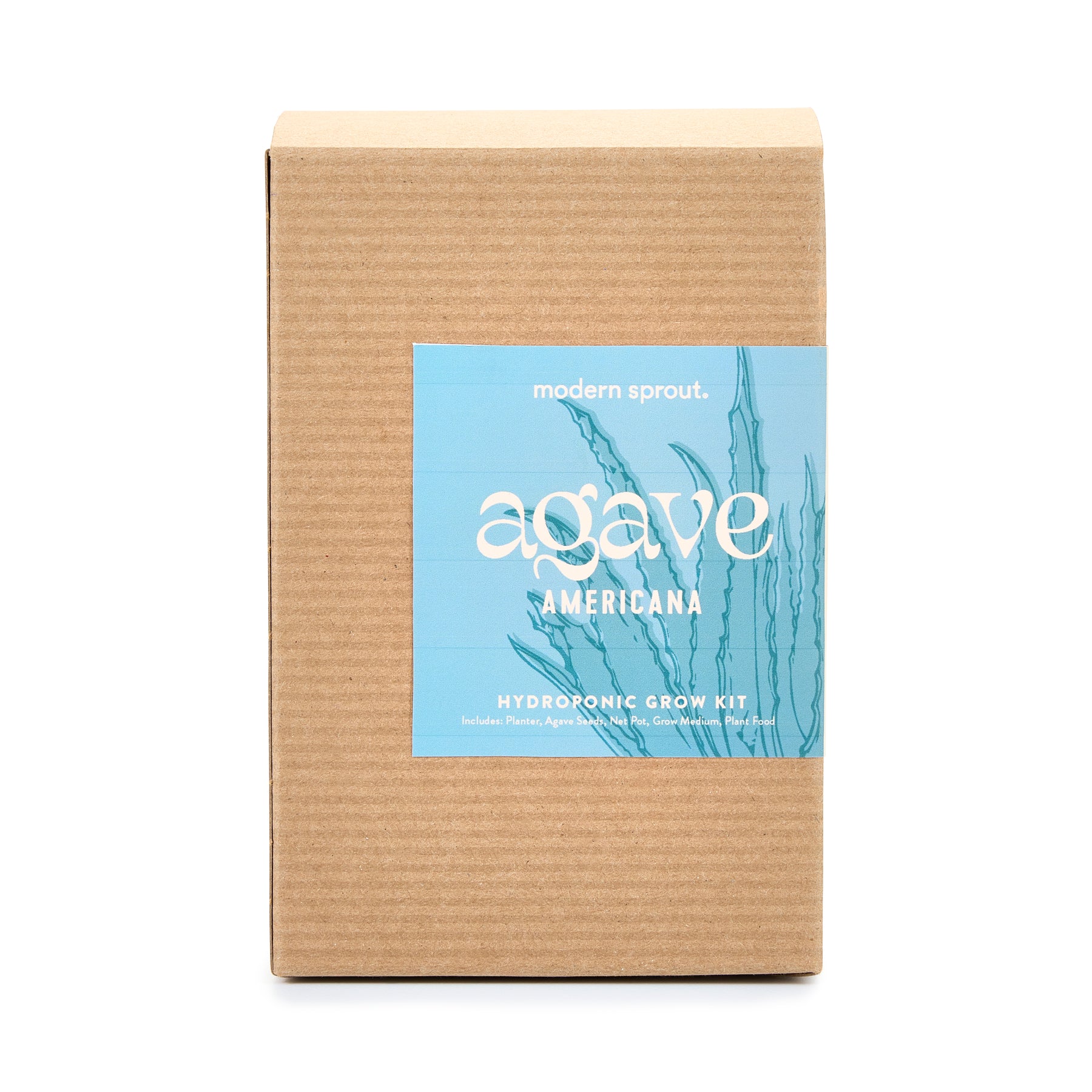Agave Grow Kit packaging featuring a minimalist design with a blue label and plant illustration, ideal for hydroponic gardening.