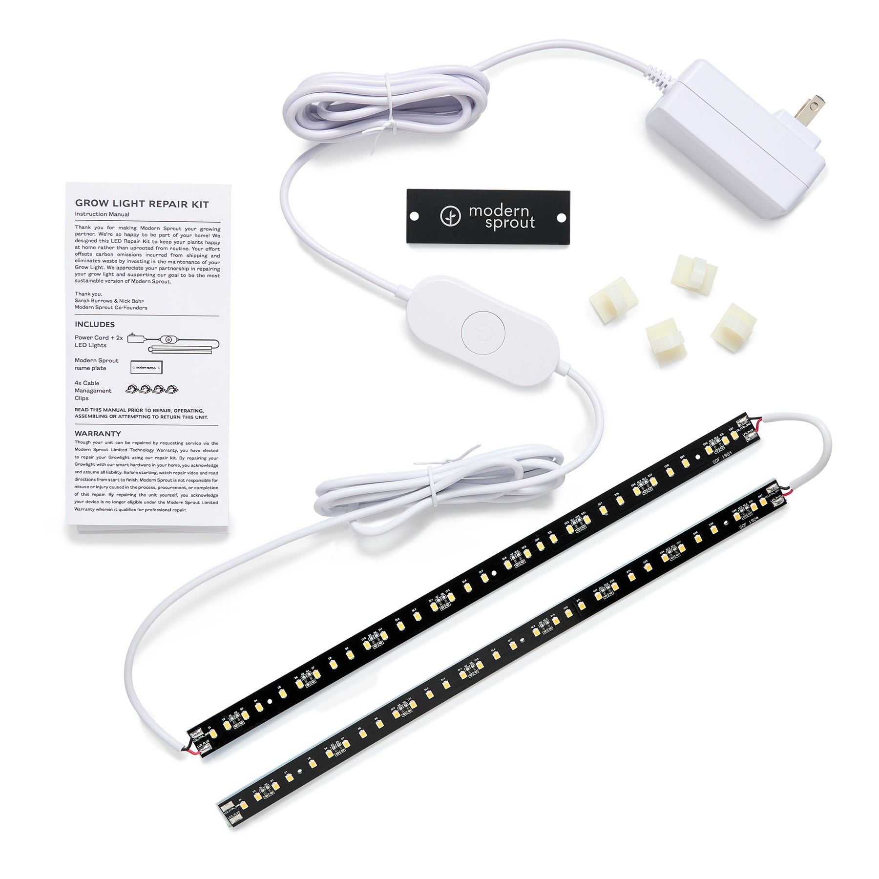 Grow light repair kit featuring LED strips, power adapter, switch, and mounting clips for easy installation and use.