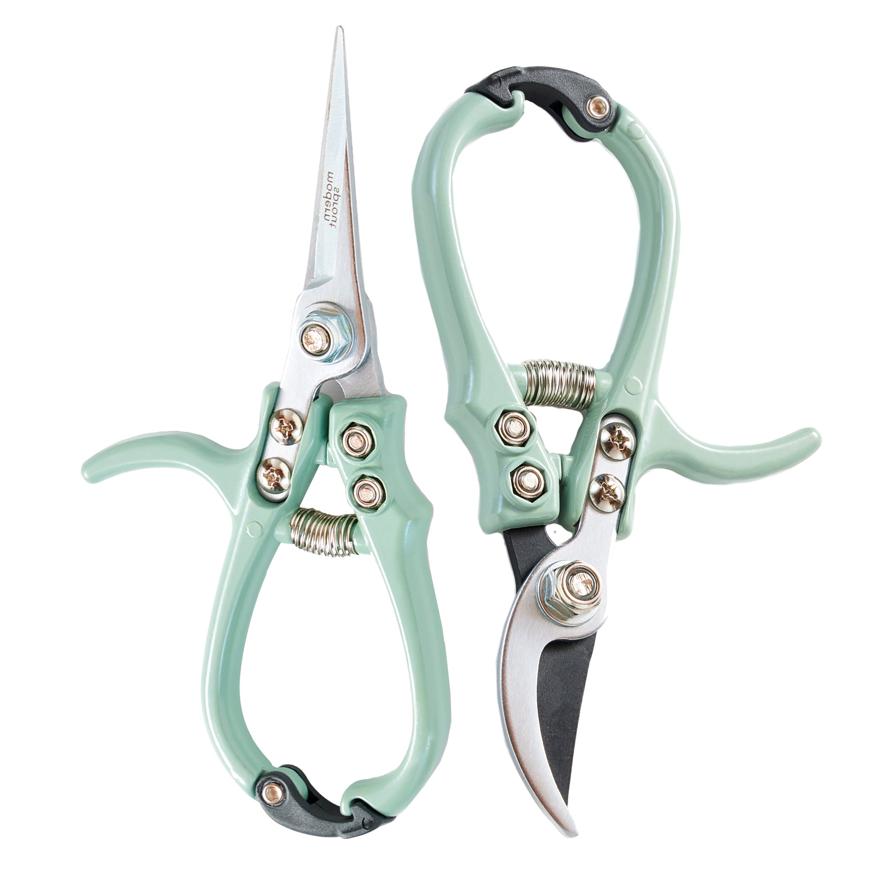 Pair of gardening shears and pruners with mint green handles, designed for precision cutting and plant care.