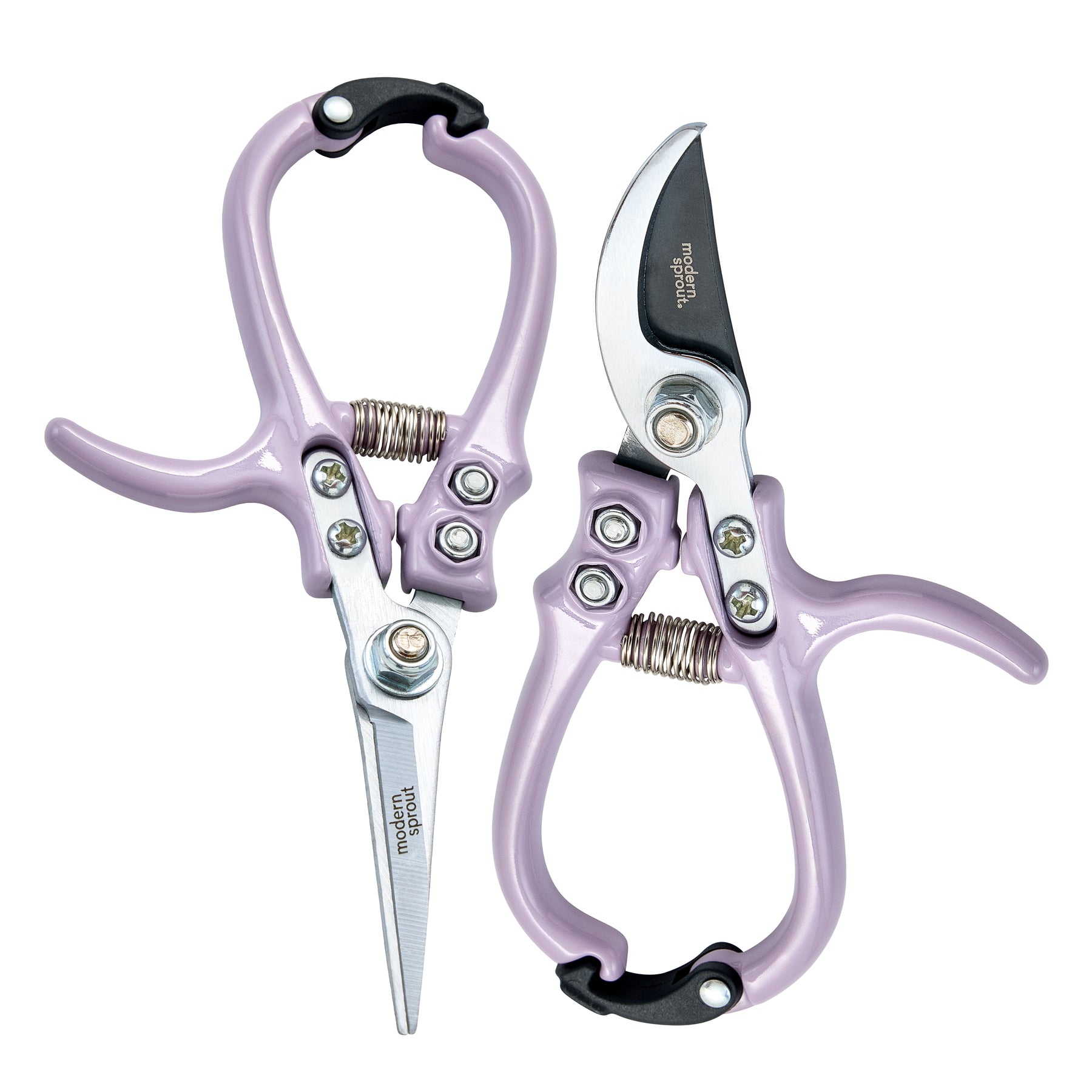 A pair of gardening shears and pruners with ergonomic lavender handles and sharp stainless steel blades.