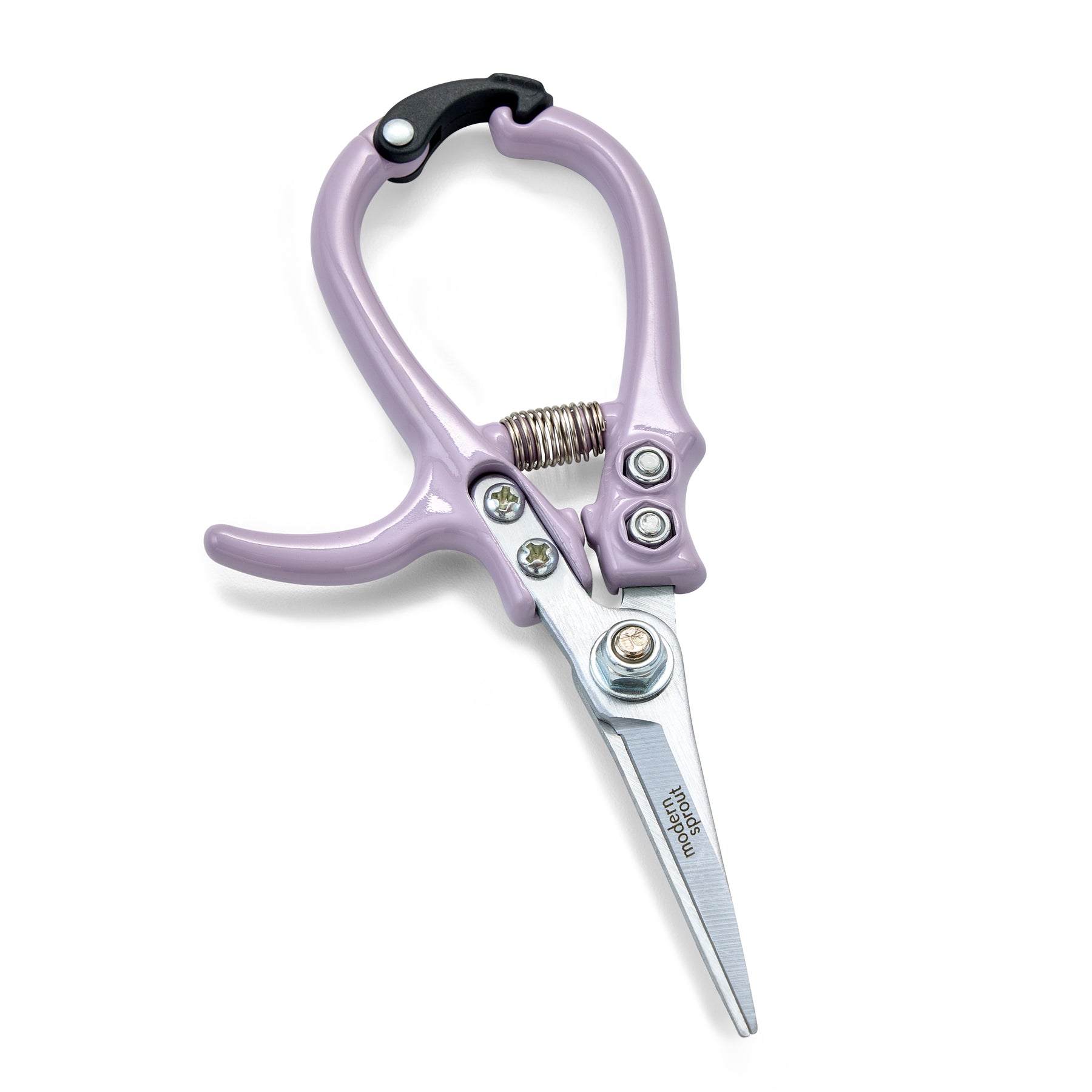 Purple gardening shears with a spring-loaded mechanism and sharp stainless steel blades, designed for precise pruning.