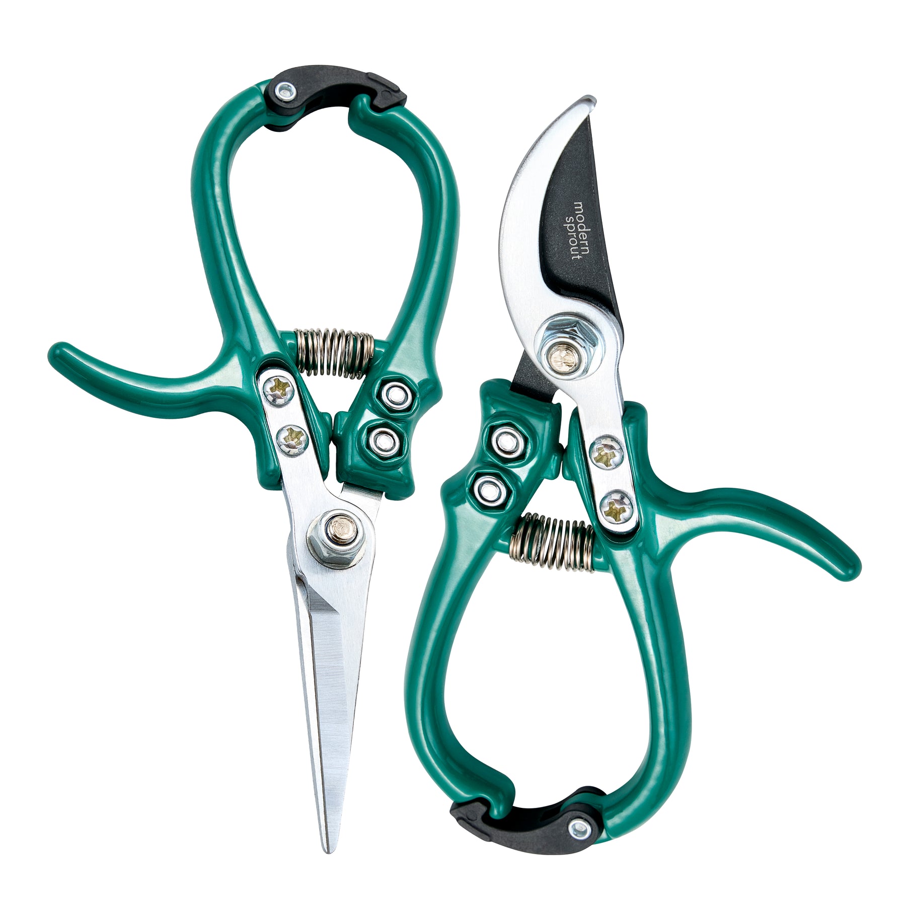 Pair of gardening shears and pruners with green handles and stainless steel blades for precise cutting and trimming.