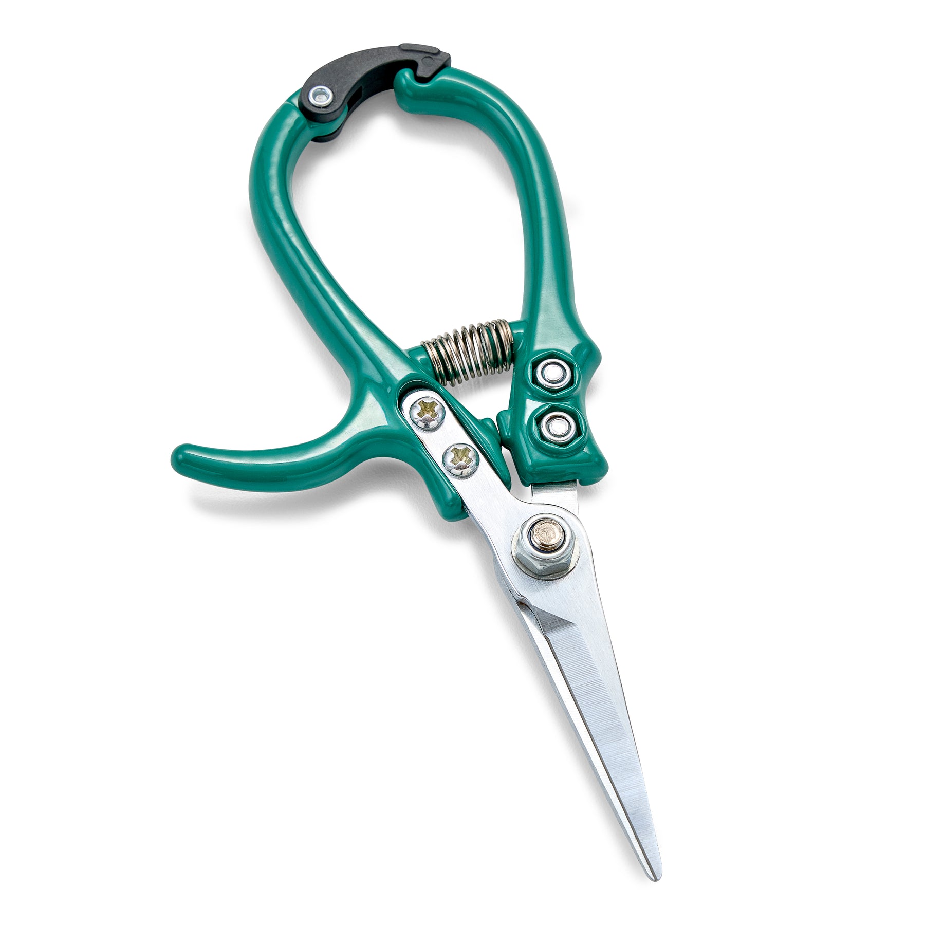 Green gardening shears with a spring-loaded mechanism and sharp stainless steel blades for precise cutting.