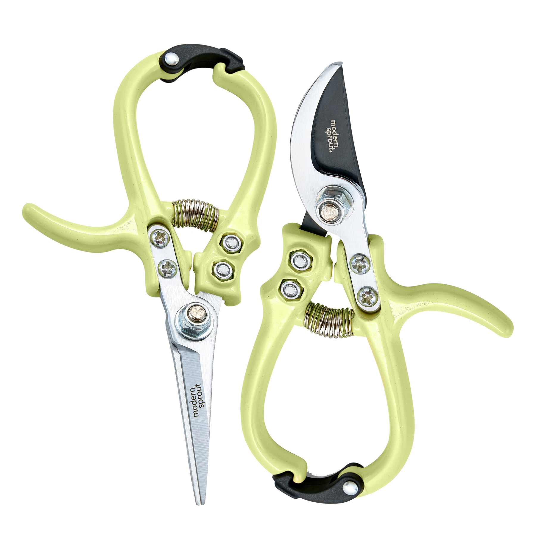 Pair of gardening shears and pruners with ergonomic lime green handles and stainless steel blades for precise cutting.