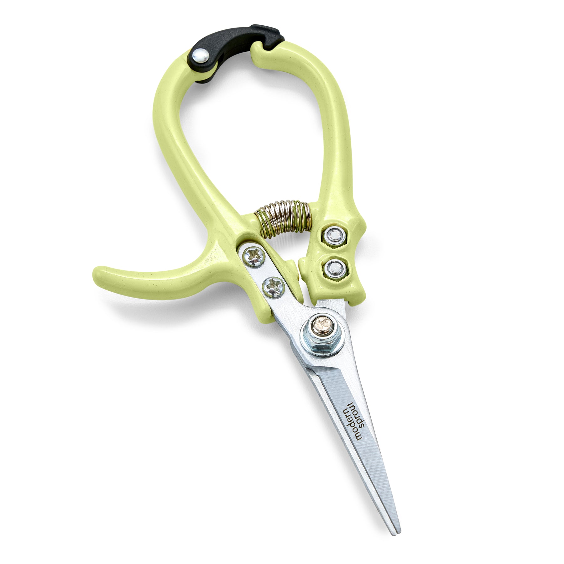 Ergonomic gardening shears with a green handle and stainless steel blades, designed for precision pruning and cutting.