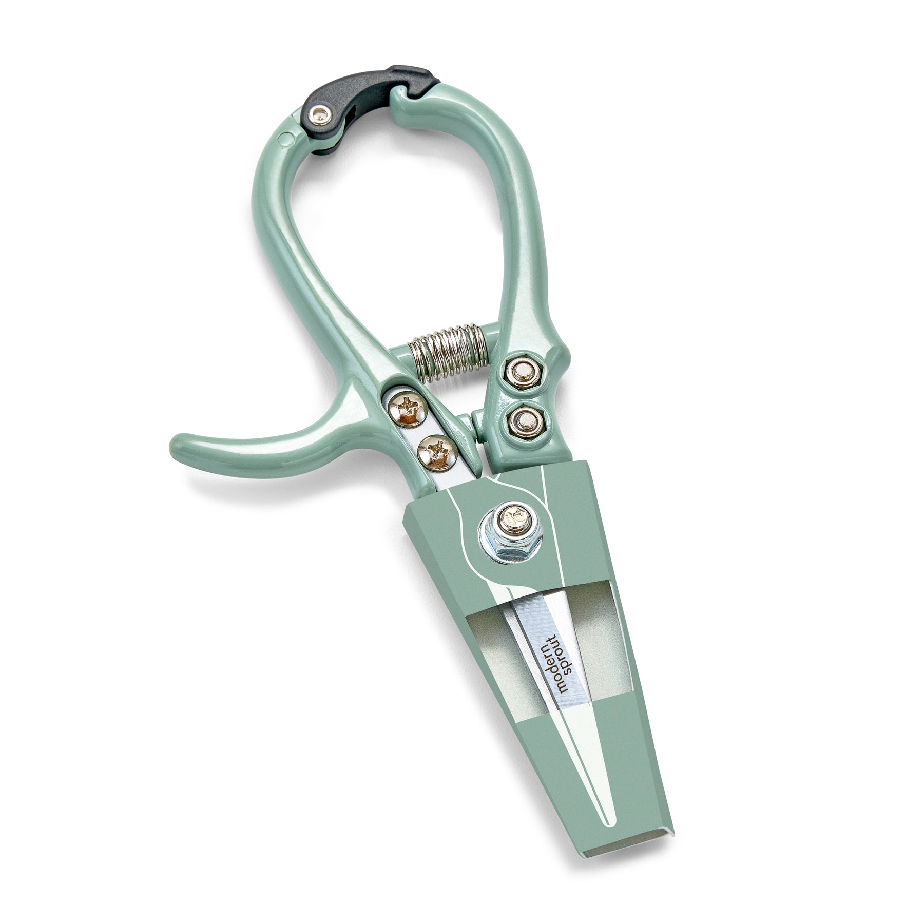 Mint green gardening shears with a spring-loaded handle and sharp stainless steel blades for precise cutting.